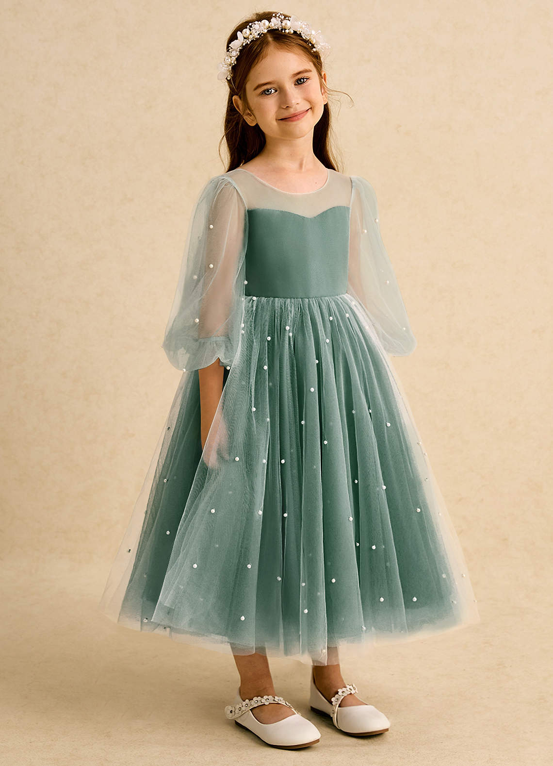 Azazie Trudy Flower Girl Dresses Dark Green Ball-Gown Sweetheart Neckline Tulle Dress image1