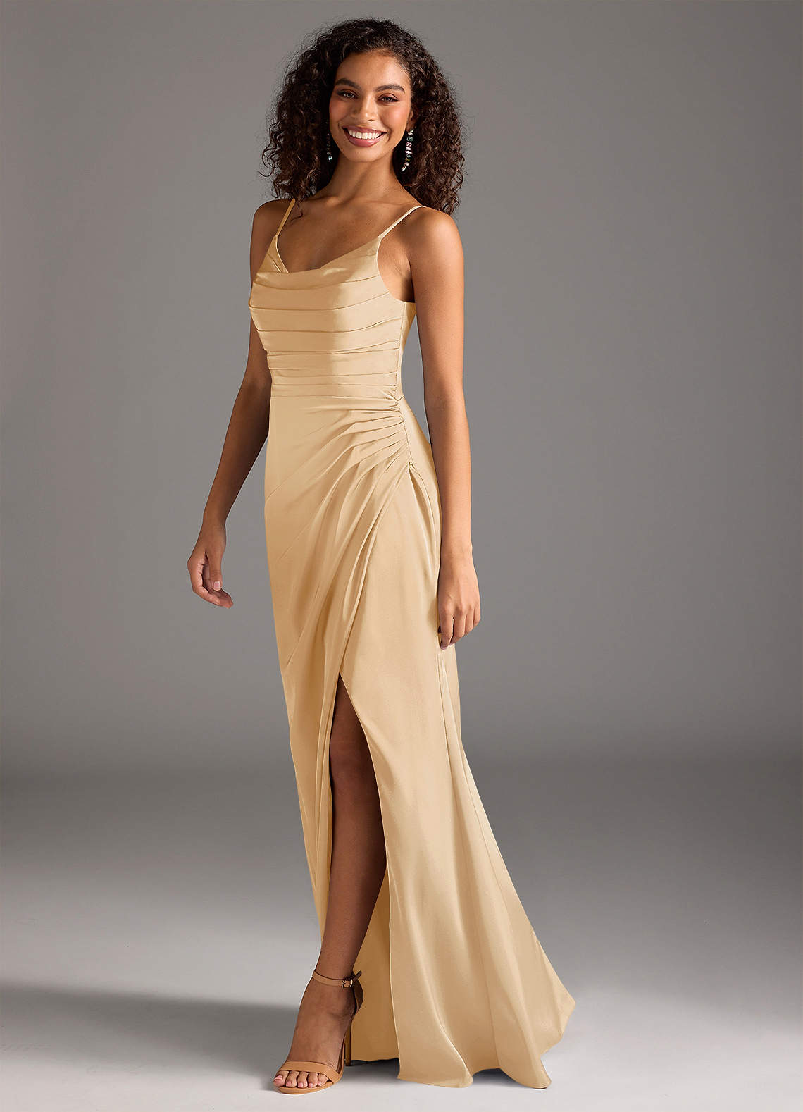 Azazie Deandra Bridesmaid Dresses Gold Mermaid Pleated Stretch Satin Dress image1