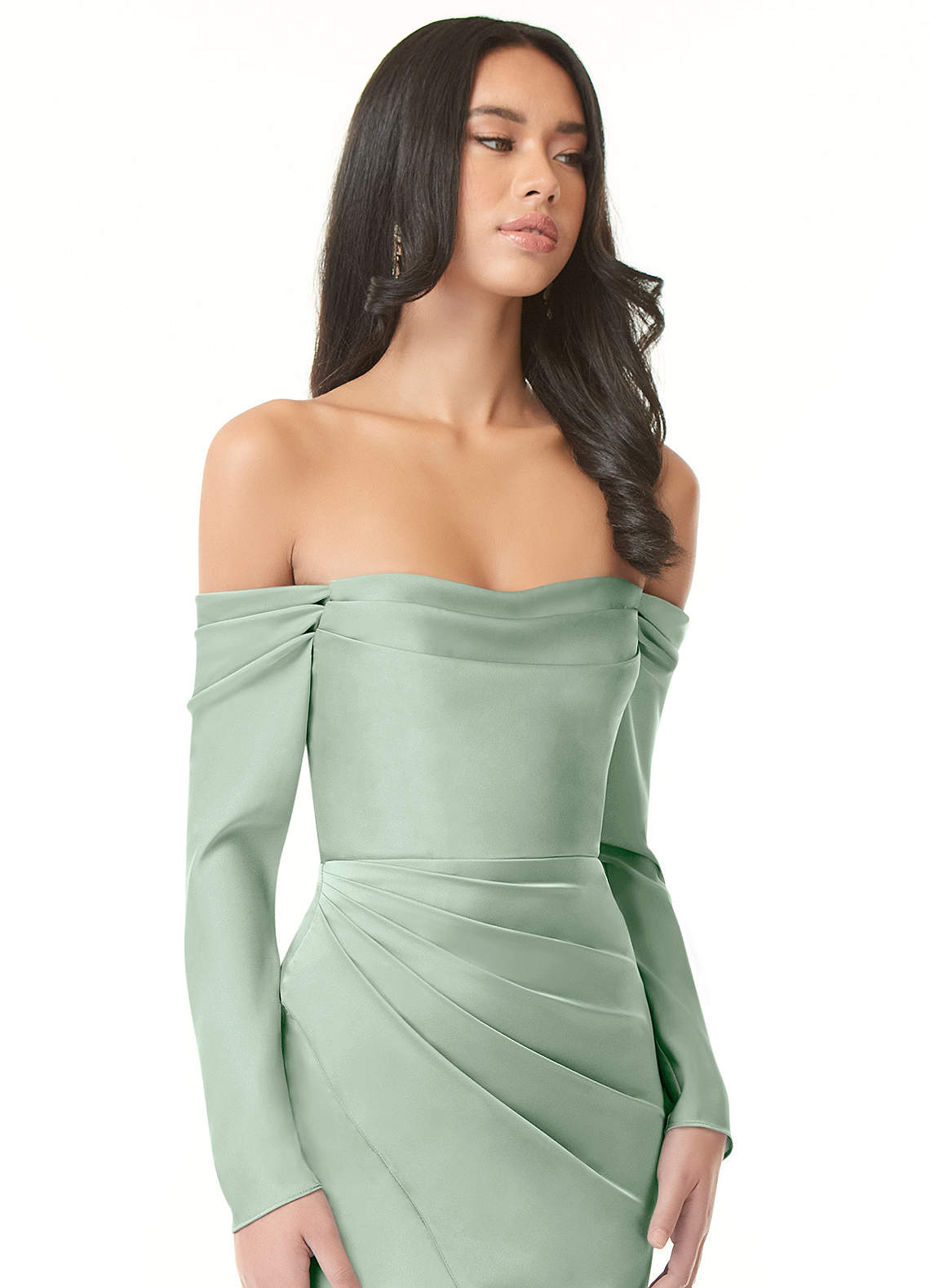Azazie Hallie Bridesmaid Dresses Agave Sheath Off-The-Shoulder Long Sleeve Stretch Satin Convertible Dress image1