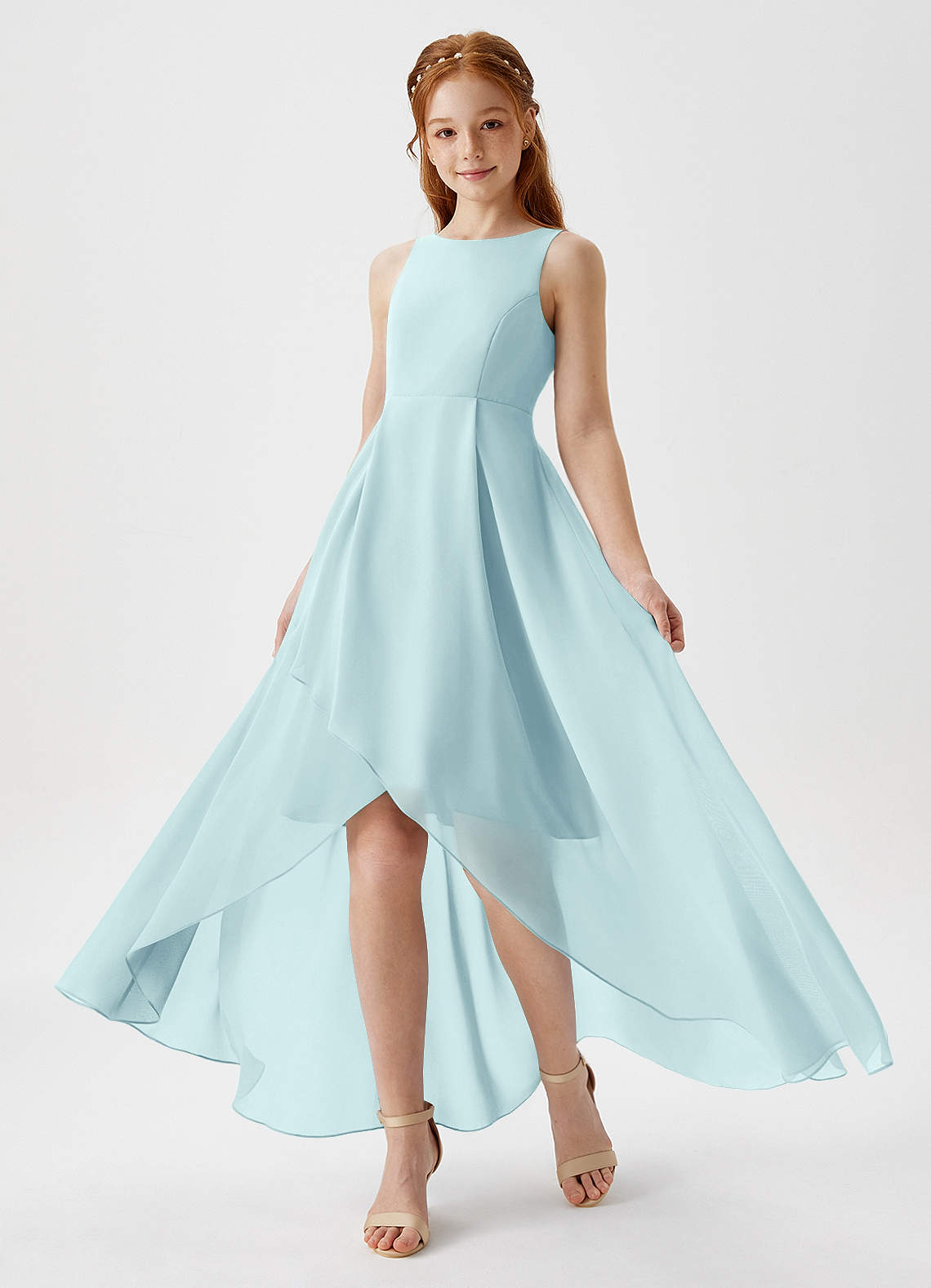 Azazie Lizette Junior Abito A-Line in Chiffon Plissettato Sea Glass image1