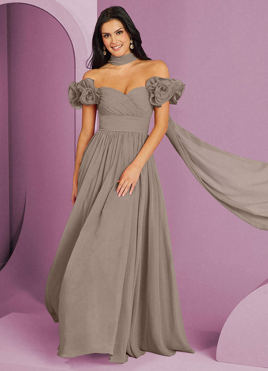 Barbie ♥ Azazie Robes de demoiselle d'honneur Robe Trapèze Convertible en Mousseline de soie Épaule décolletée Taupe image1