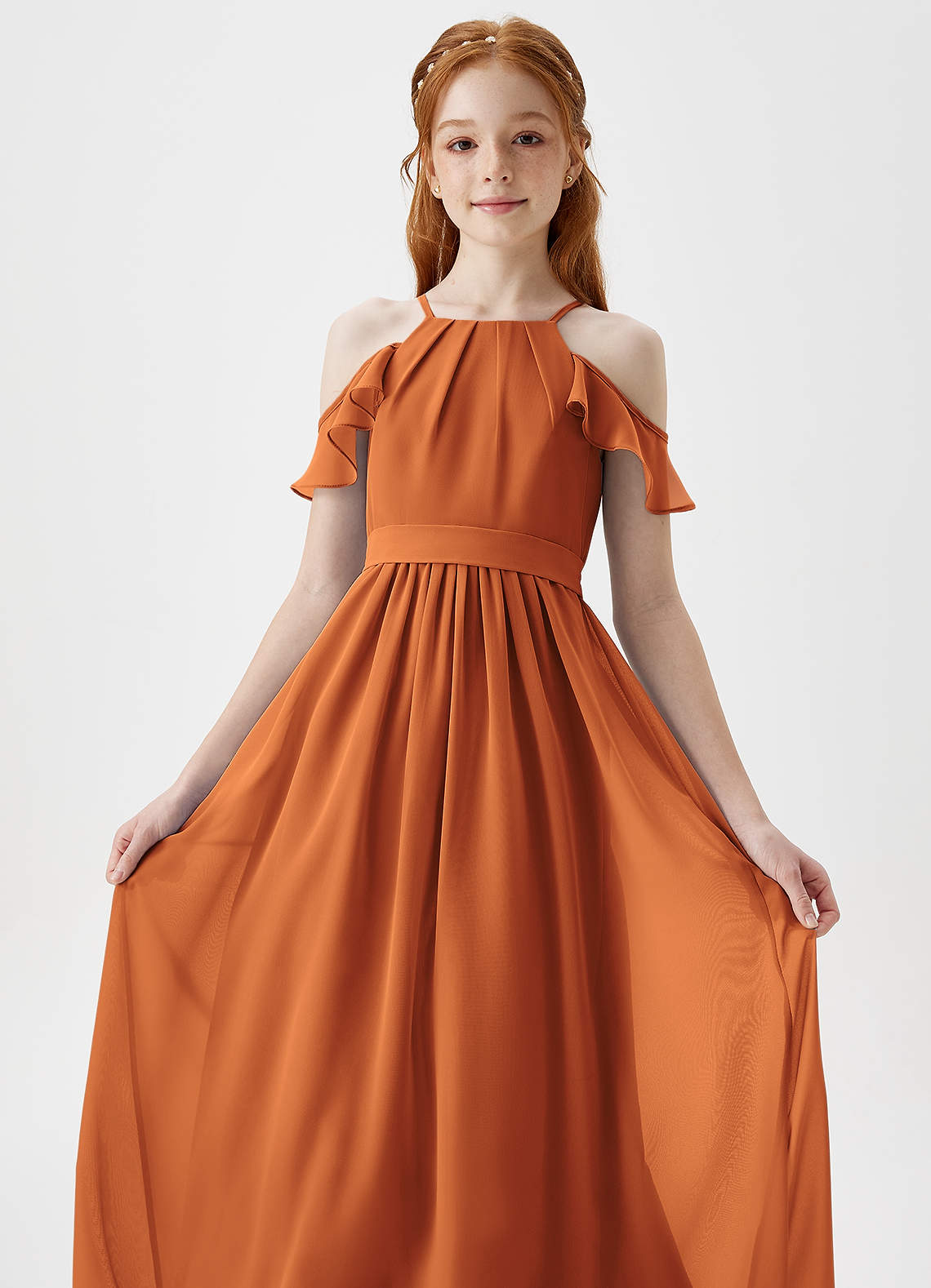 Azazie Chaya Junior Cinnamon A-Line Off the Shoulder Chiffon Dress image1