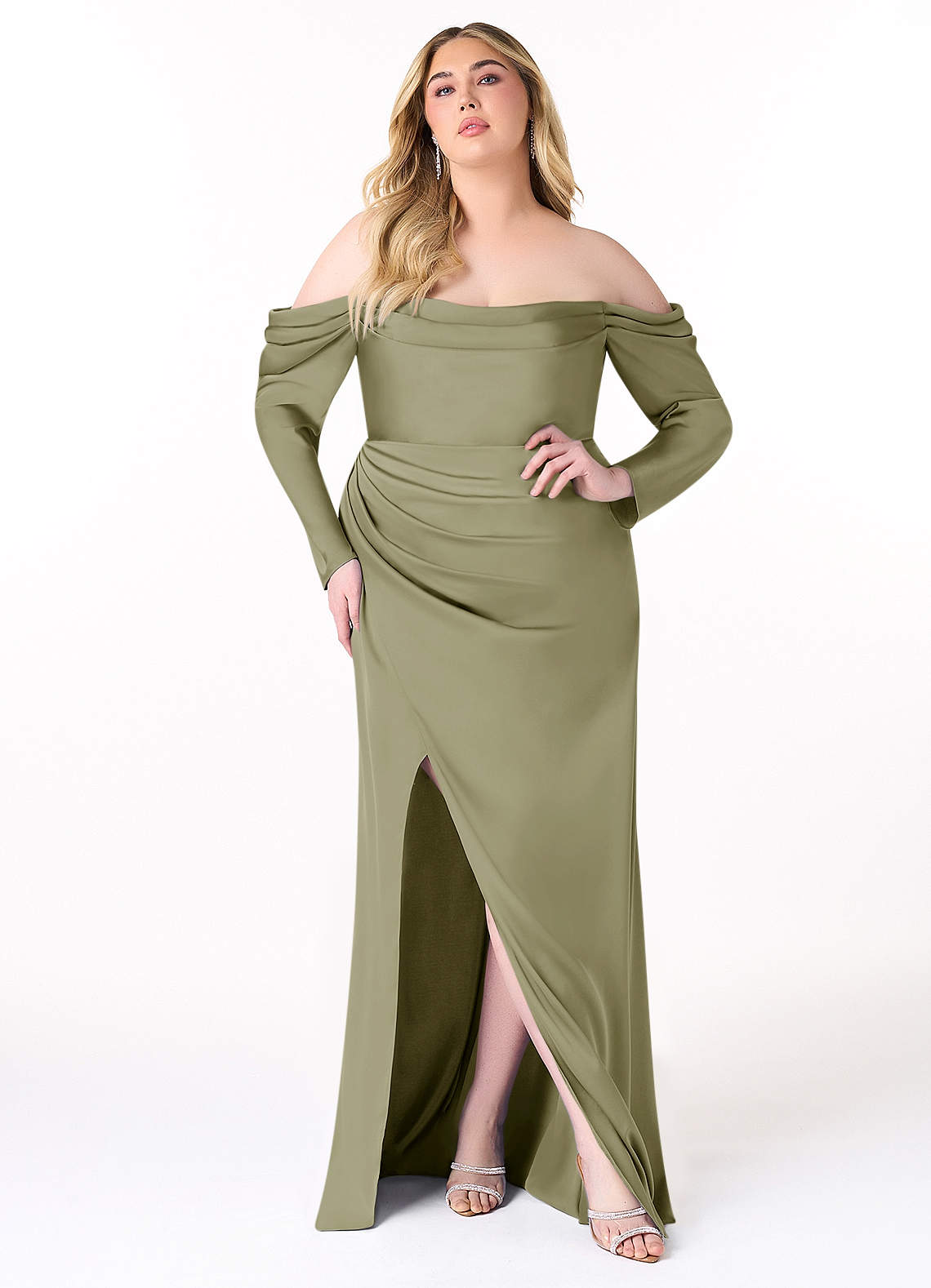 Azazie Hallie Bridesmaid Dresses Pistachio Sheath Off-The-Shoulder Long Sleeve Stretch Satin Convertible Dress image1