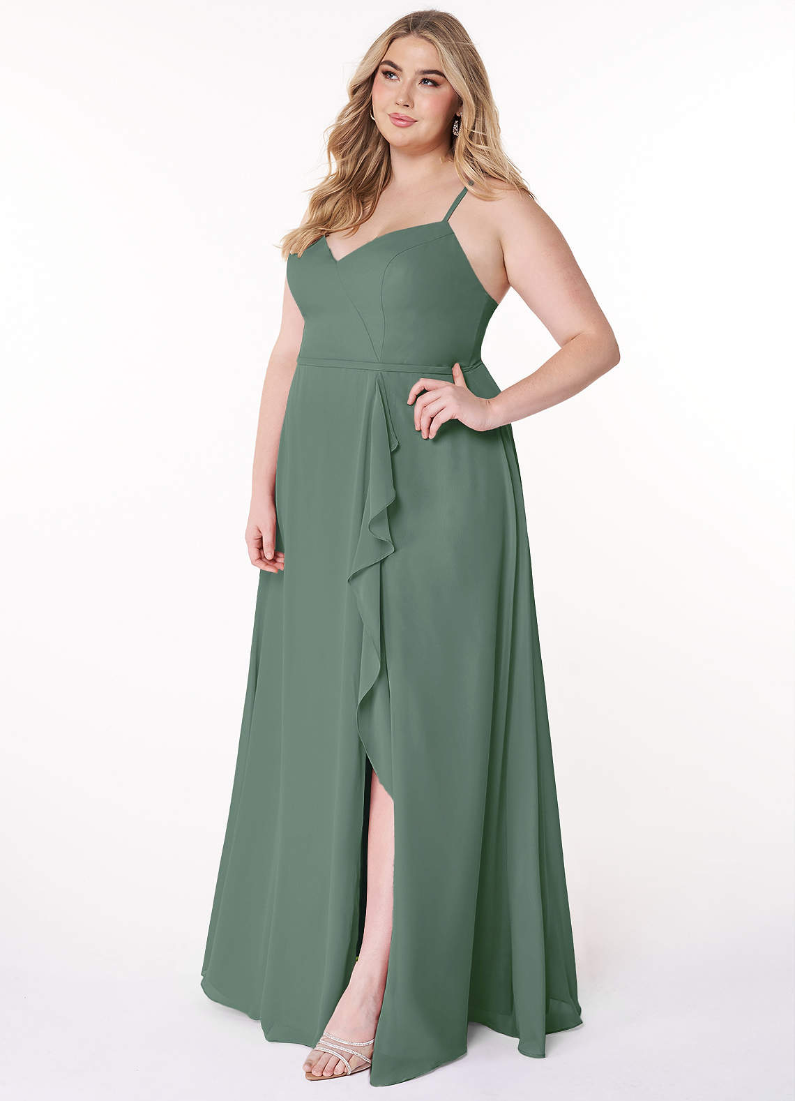 Azazie Naeem Bridesmaid Dresses Eucalyptus A-Line V-Neck Ruffle Chiffon Dress image9