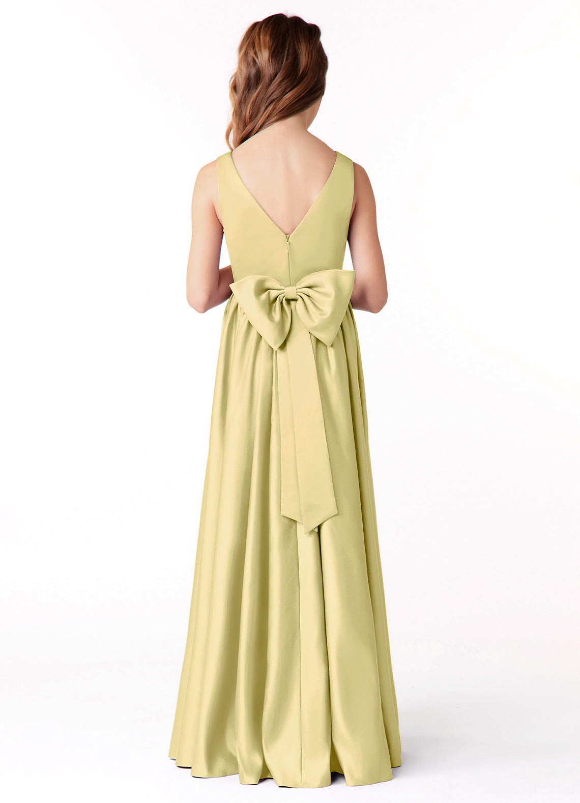 Azazie Hathaway Junior Lemon Sorbet A-Line Bow Stretch Satin Dress image1