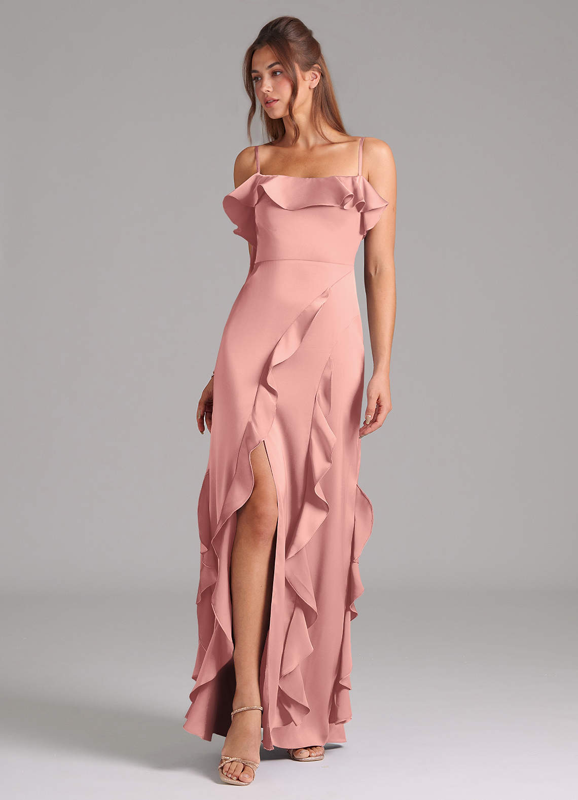 Azazie Malia Brautjungfernkleider A-Linie Seitliche Cut-Outs Stretch-Satin Kleid Rosettenrosa image1