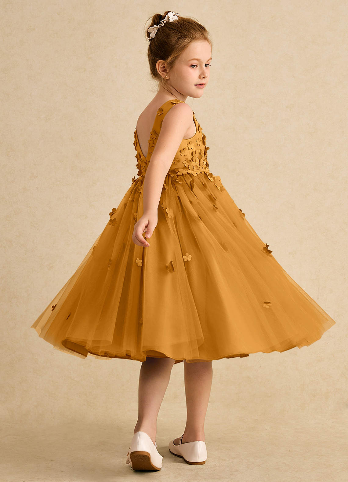Azazie Lana Flower Girl Dresses Butterscotch A-Line Sleeveless Matte Satin Dress image3