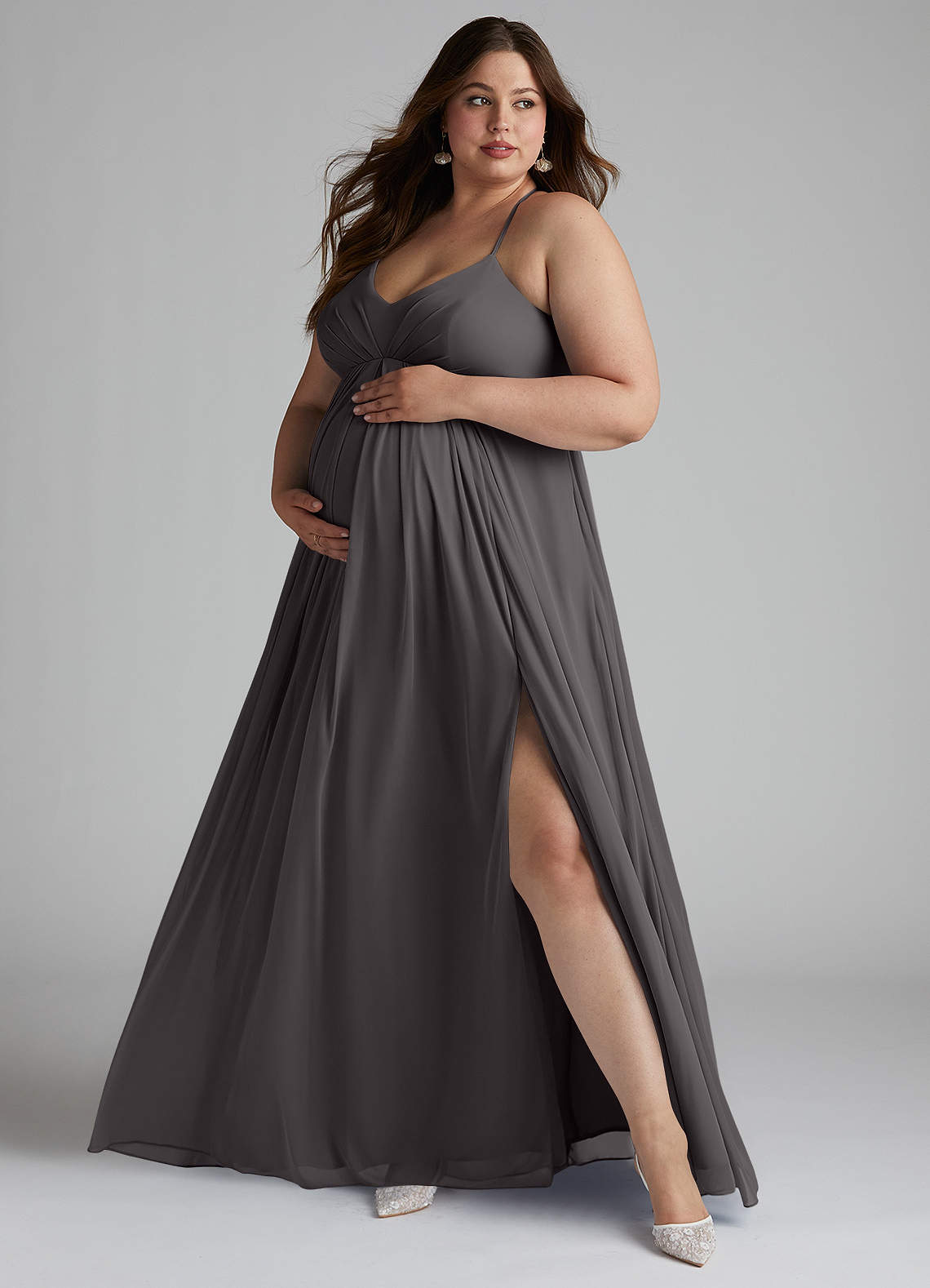 Azazie Annabelle Maternity Bridesmaid Dresses A-Line V-Neck Pleated Mesh Floor-Length Dress image6