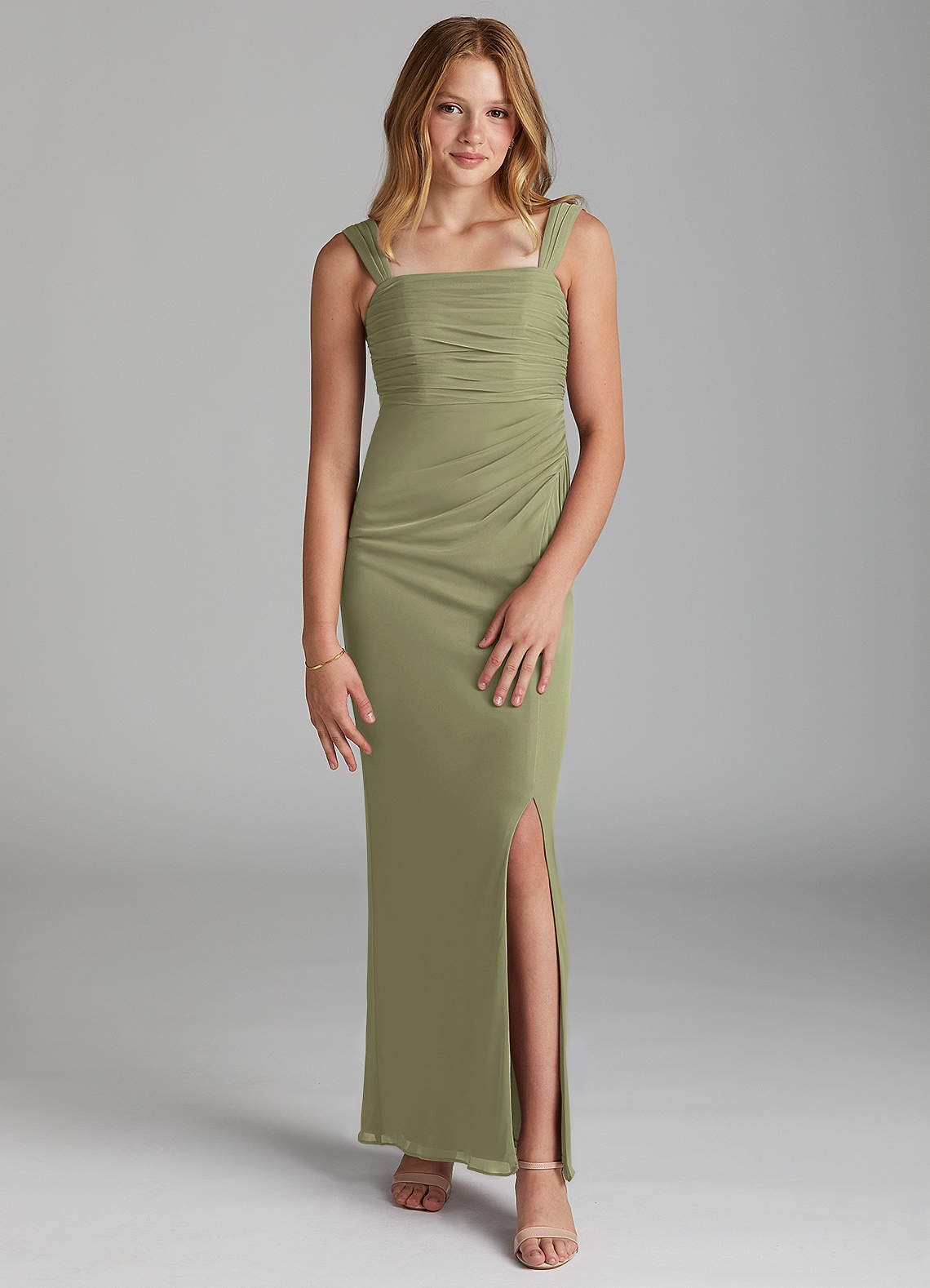 Azazie Jesaphine Junior Pistachio Sheath Pleated Mesh Dress image1