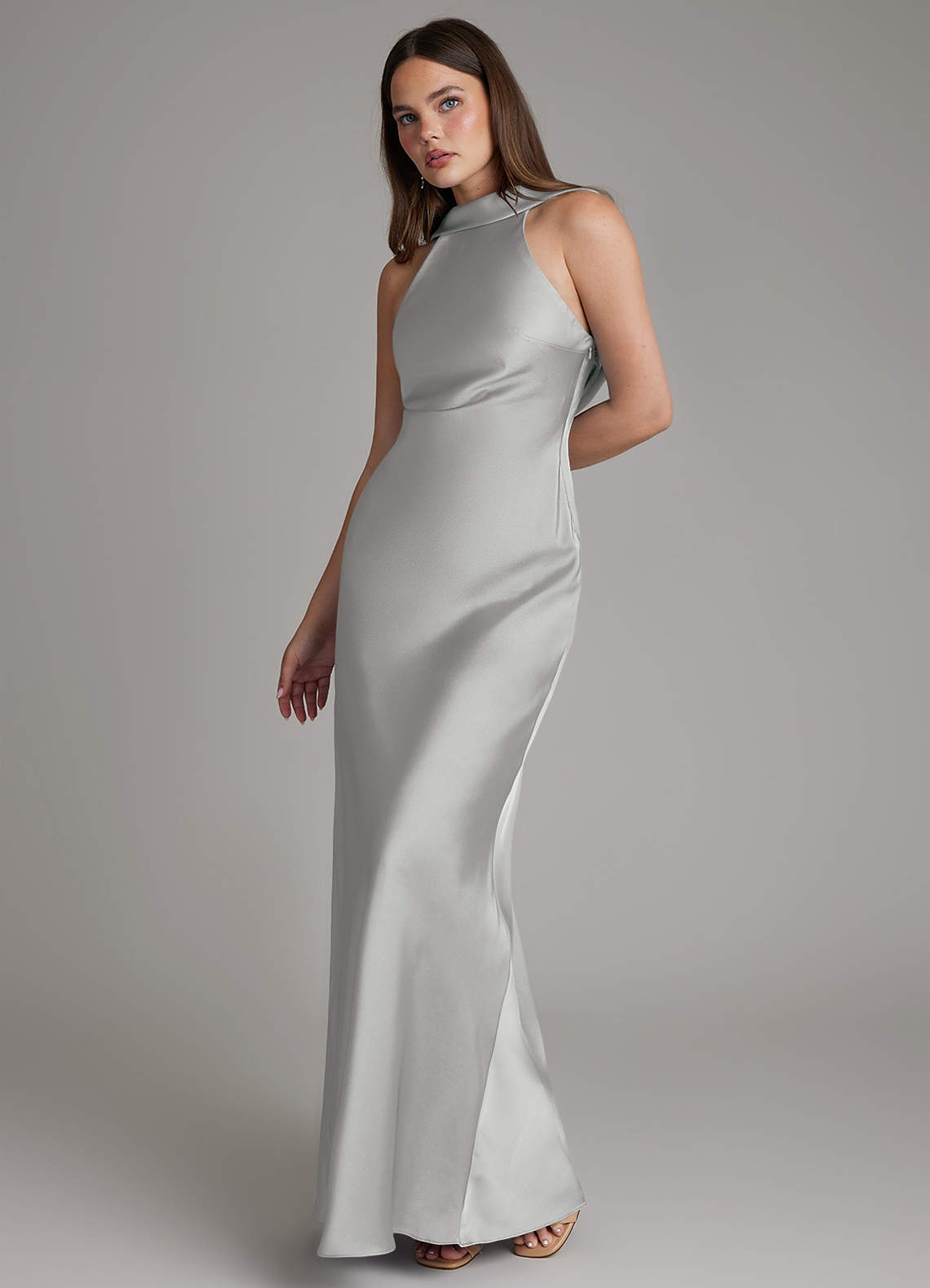 grey and white bridesmaid dresses Azazie Dimitra Silver Stretch Satin the fabric drapes smoothly