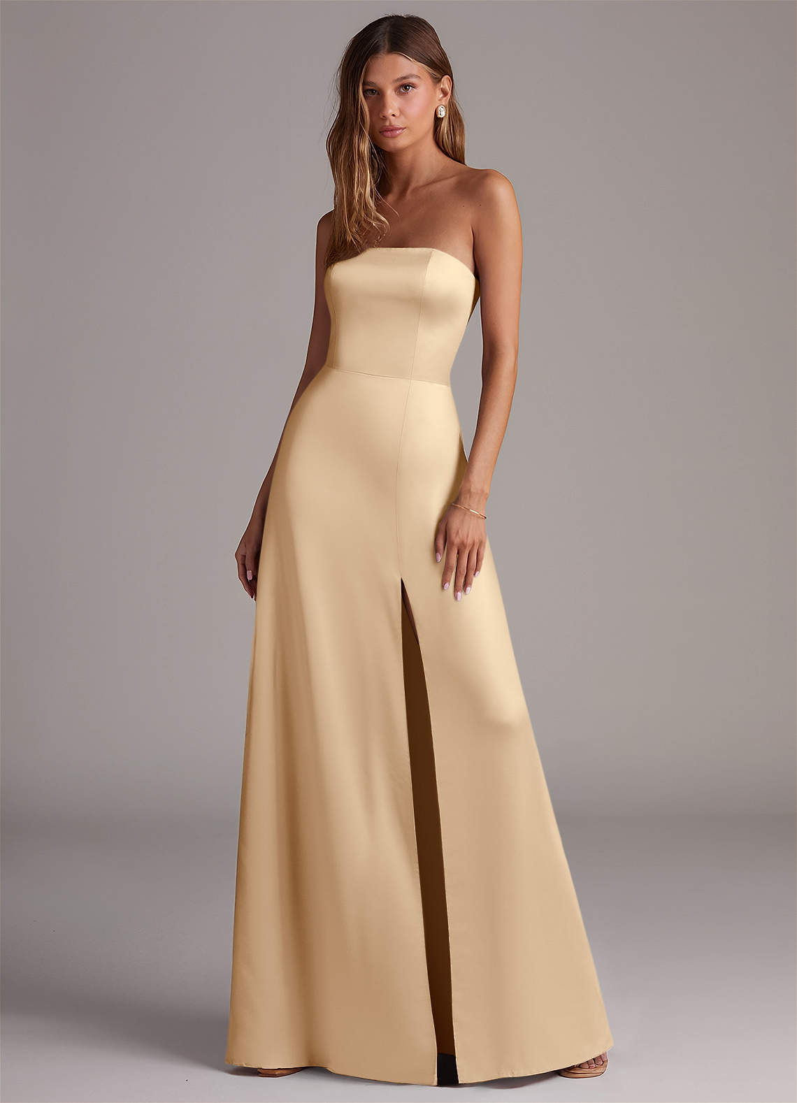 Azazie Wren Brautjungfernkleider Wandelbar A-Linie Schulterfrei Stretch-Satin Kleid Champagner image1