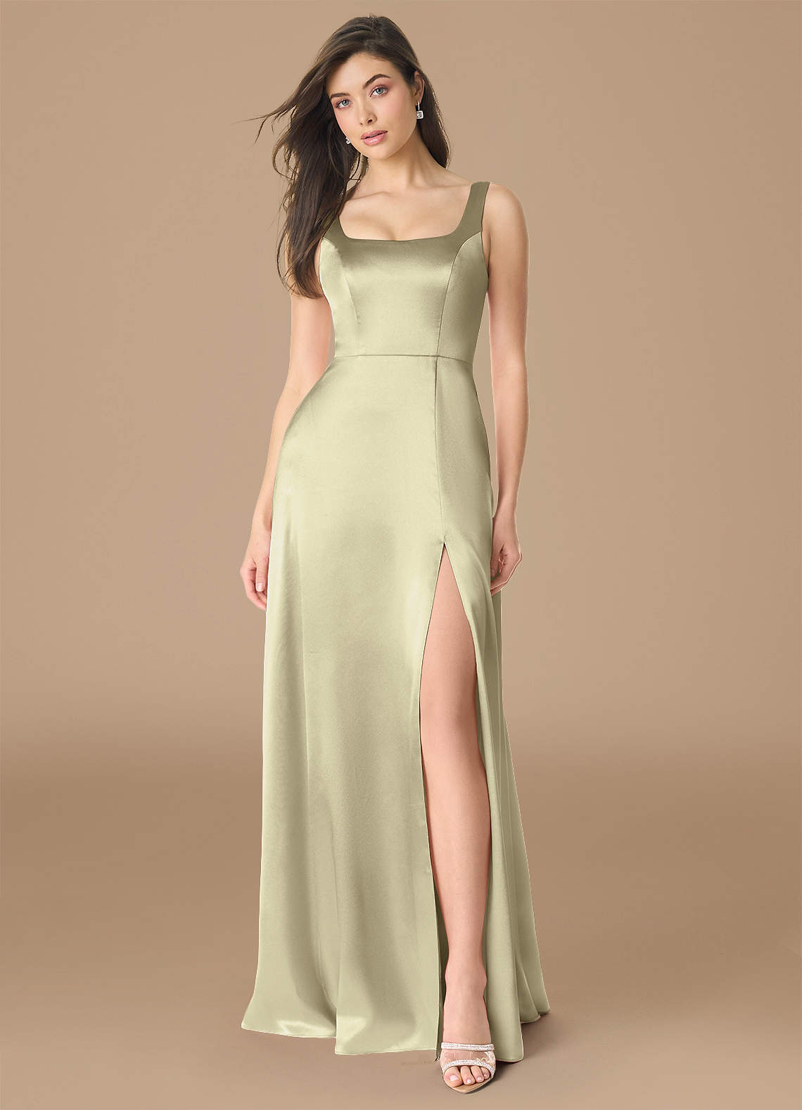 Azazie Joyce Brautjungfernkleider A-Linie Seitliche Cut-Outs Metallischer Satin Kleid Moosgrün image1