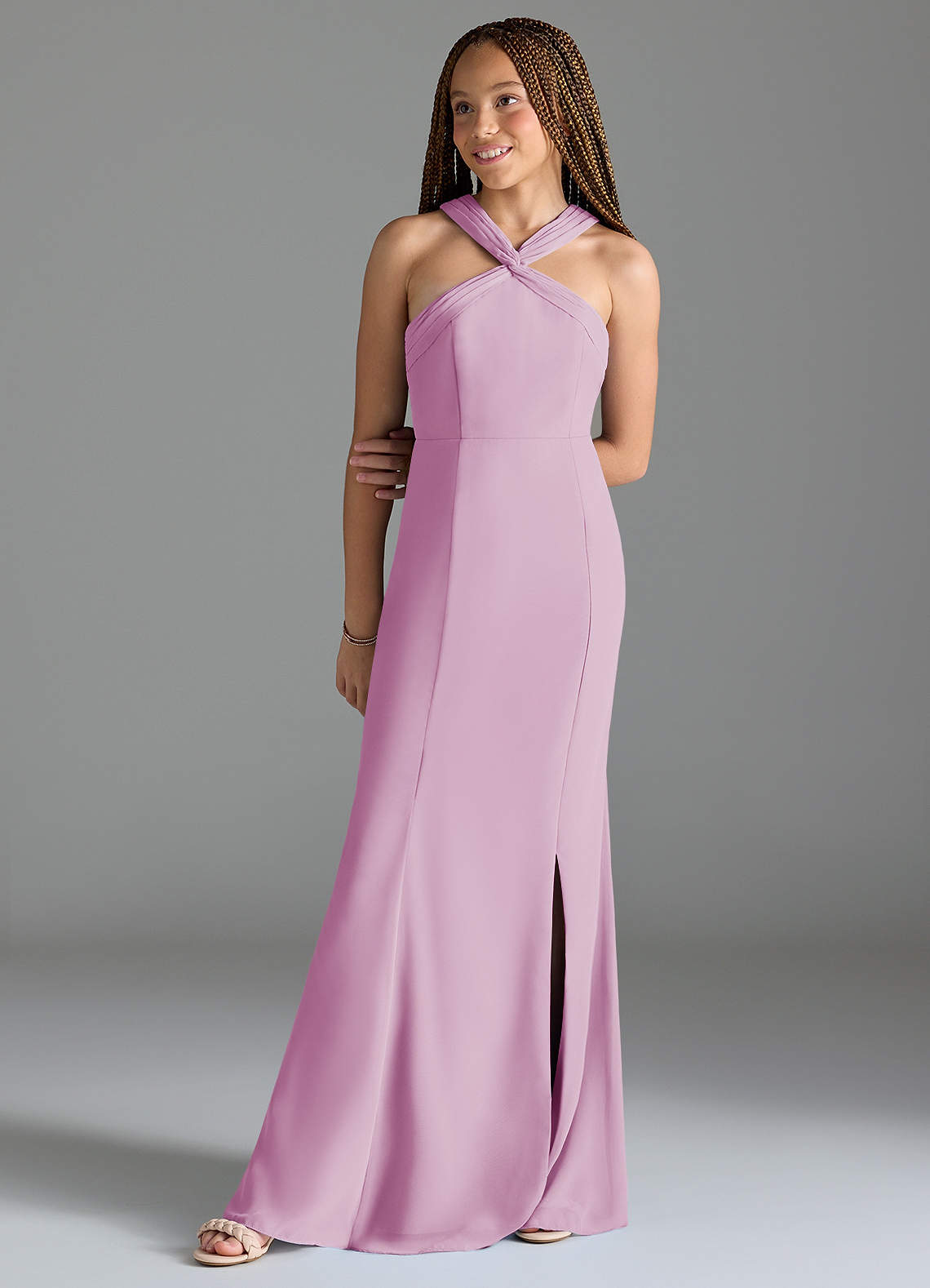Azazie Rue Junior Robe Sirène en Mousseline de soie Fente Latérale Rose Bonbon image1