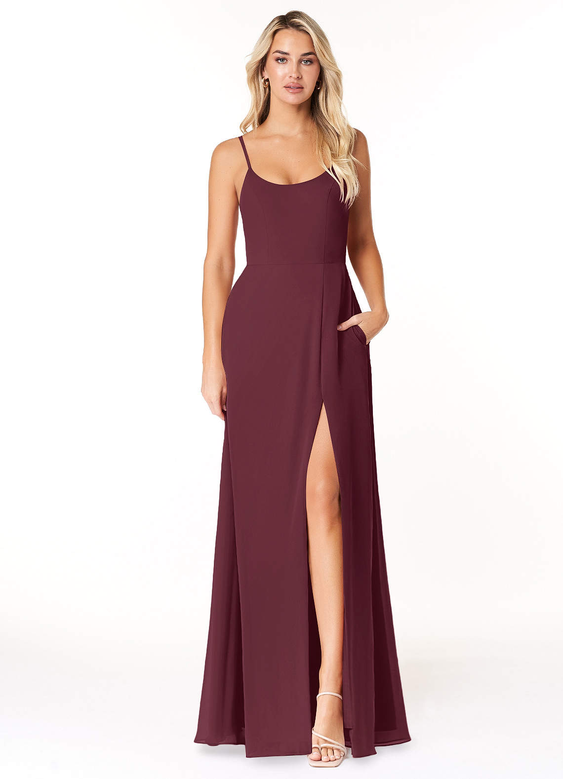Azazie Moira Brautjungfernkleider A-Linie Schaufel Chiffon Kleid Cabernetrot image1