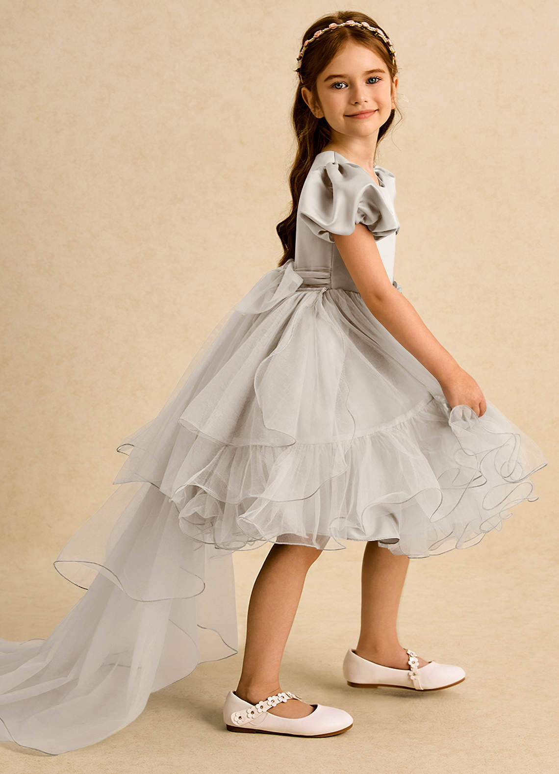 Azazie Cocoa vestidos de niña de las flores Vestido de Escarcha de Tul de Princesa con Plisado image1