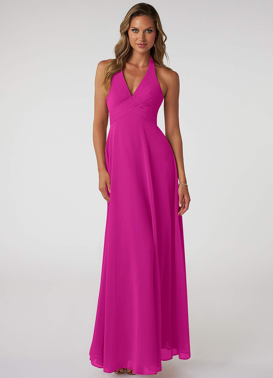 Azazie Tessie Vestidos de damas de honor Vestido de Fucsia de Gasa de Corte en A con Cuello en V plisado image1