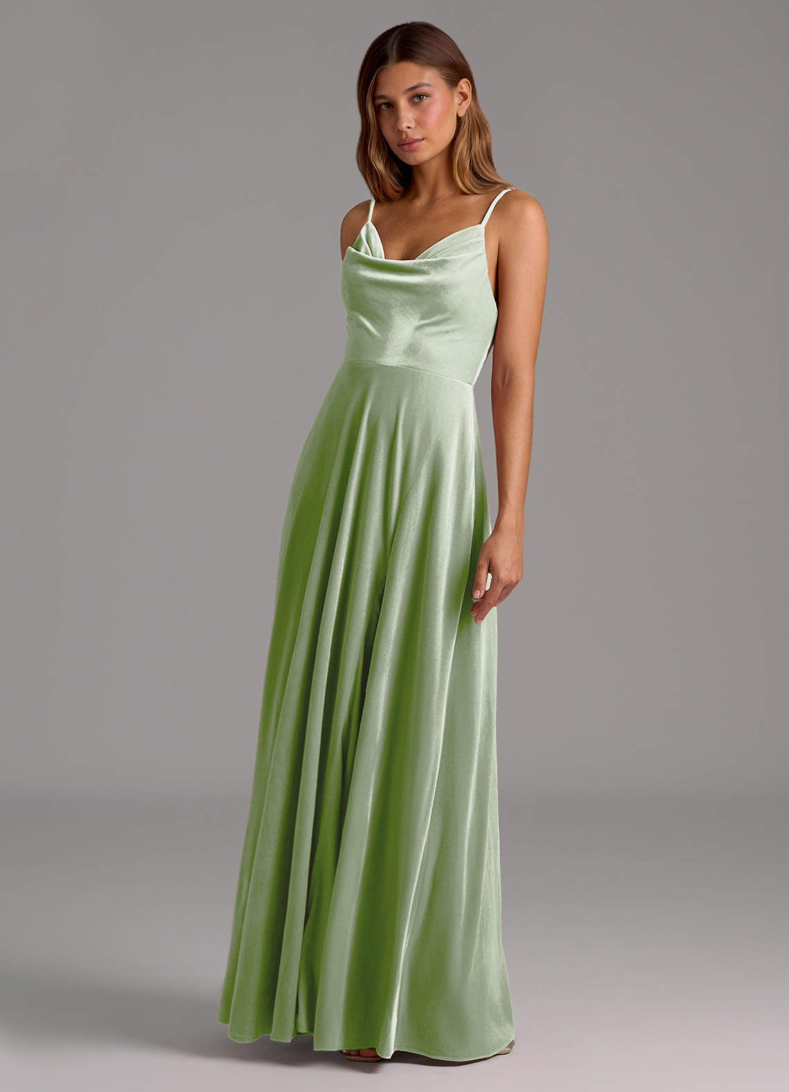 Azazie Sarella Bridesmaid Dresses Dusty Sage A-Line Pleated Velvet Dress image1