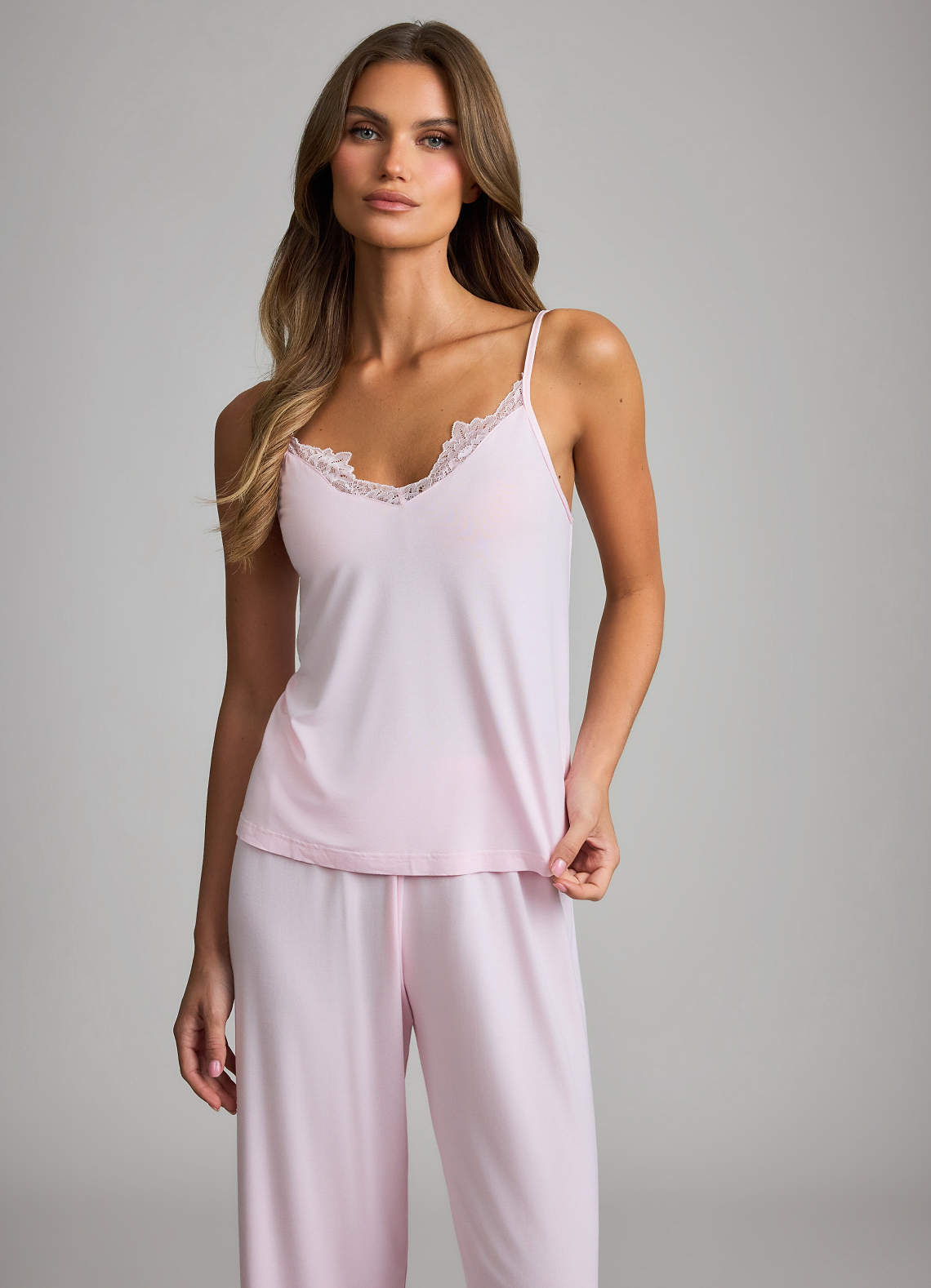 front Soft Rayon Lace Trim Cami & Wide-Leg Pants Pajama Set