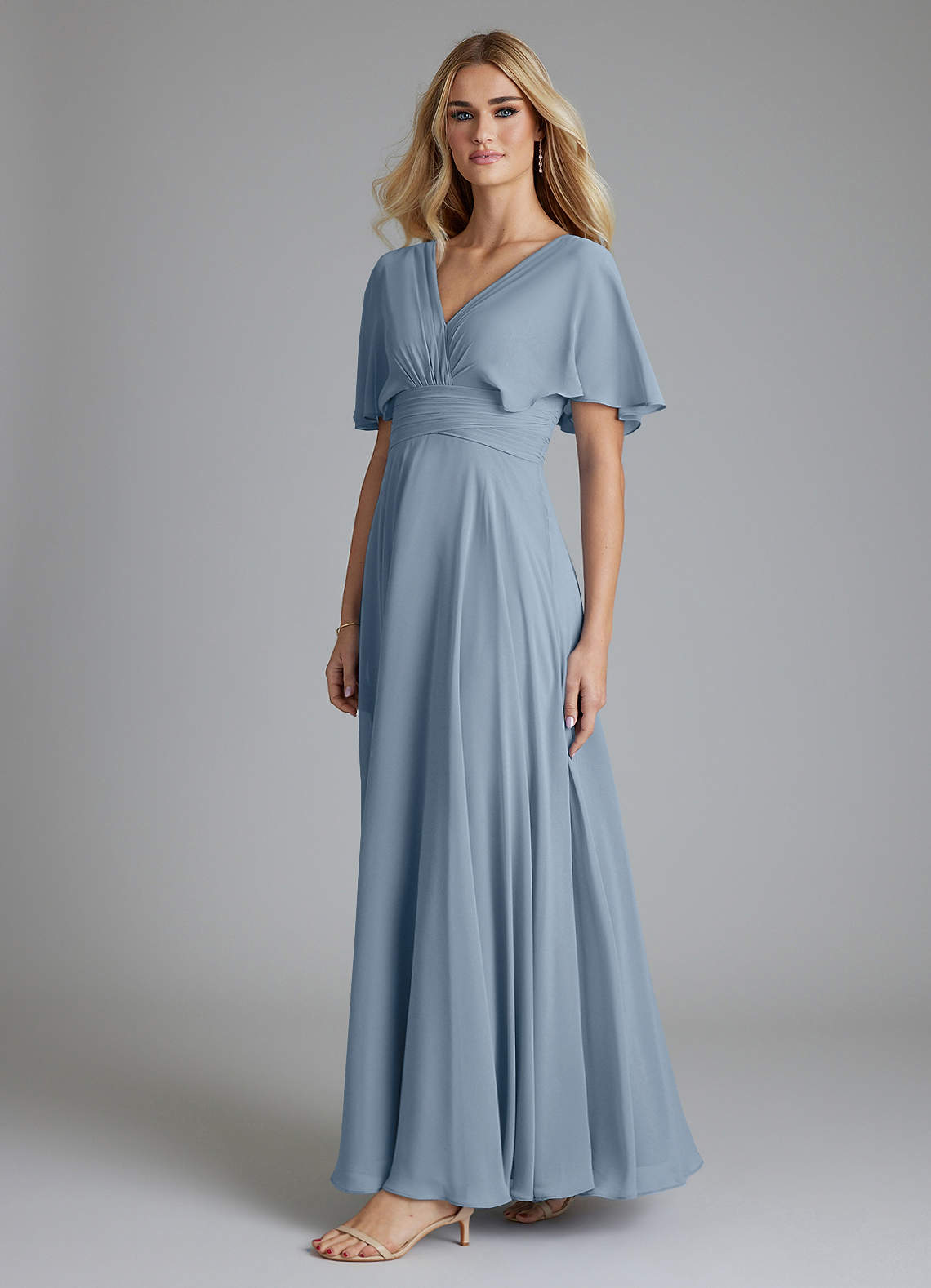 Azazie Pamela Bridesmaid Dresses Dusty Blue A-Line V-Neck Pleated Chiffon Dress image2