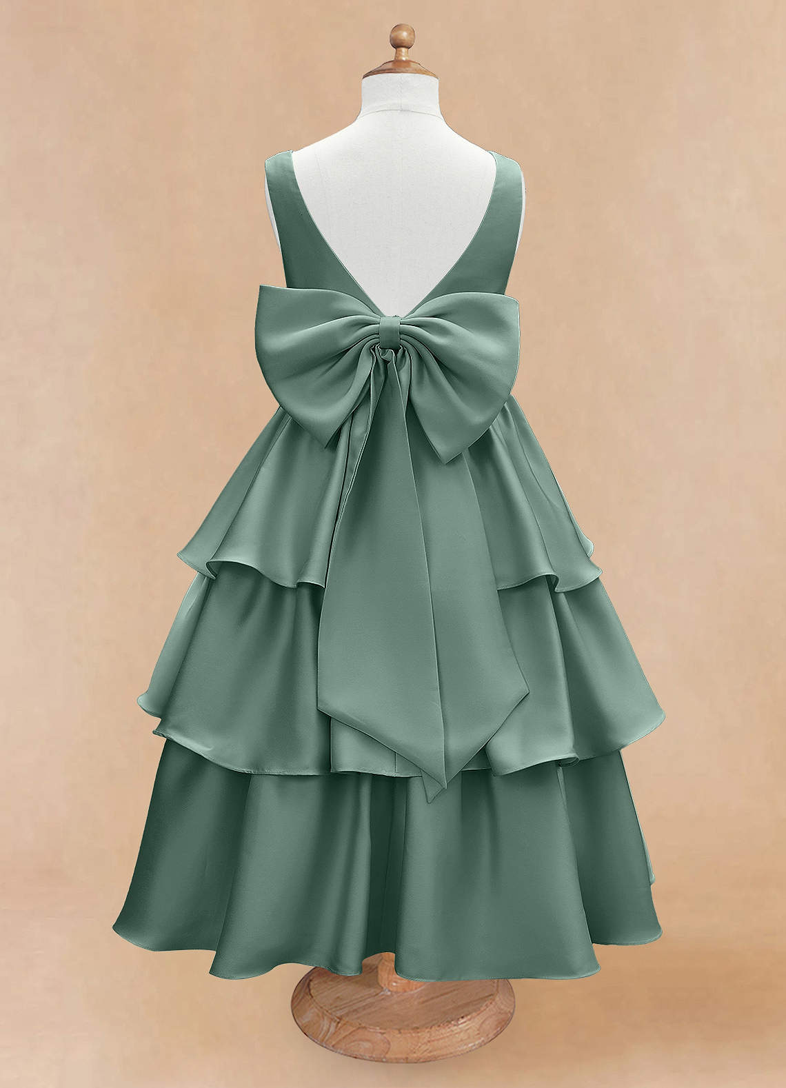 Azazie Margie Flower Girl Dresses Eucalyptus A-Line Bow Stretch Satin Dress image4