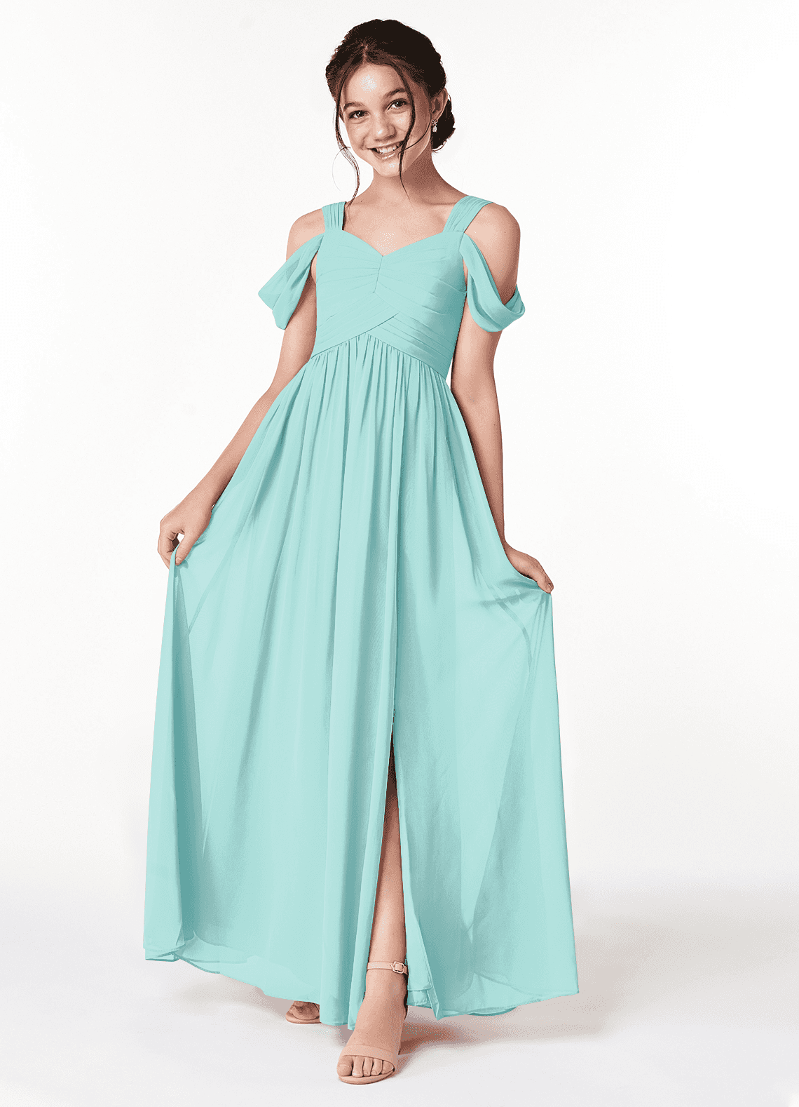 Azazie Lianne Junior Vestido de Aqua de Gasa de Corte En A con Vestidos sin tirantes image1