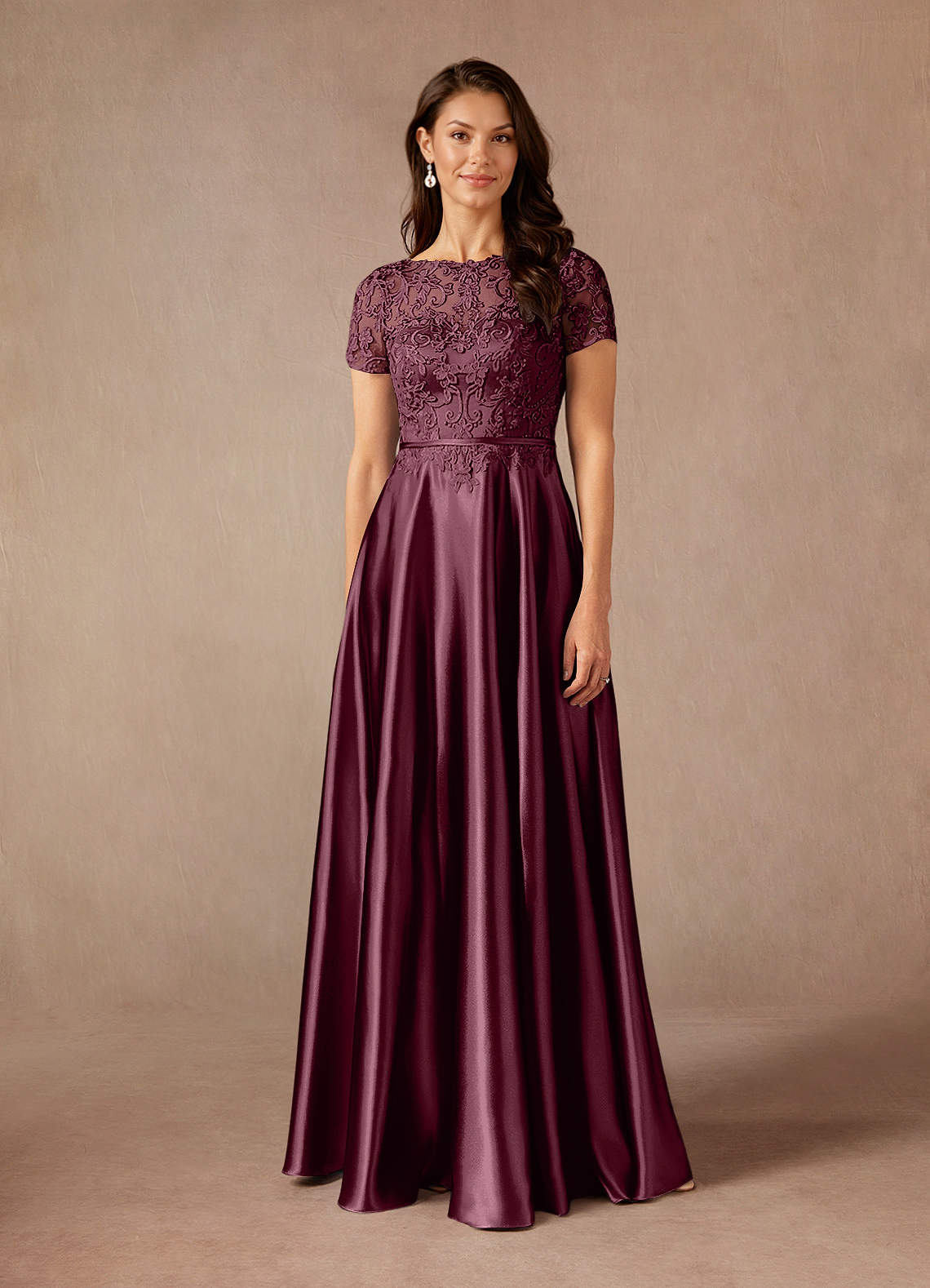 Azazie Adina Mother of the Bride Dresses Cabernet A-Line Lace Metallic Satin Dress image1