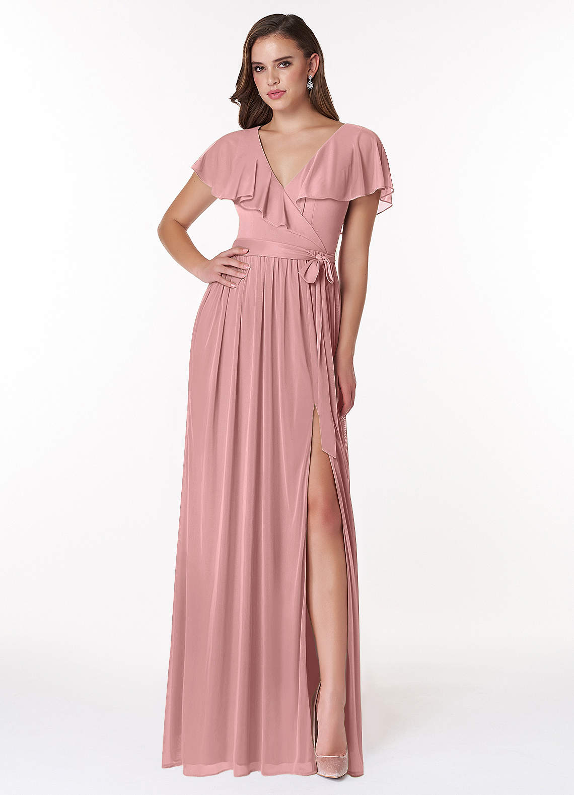 Azazie Jael Bridesmaid Dresses Dusty Rose A-Line V-Neck Mesh Dress image1