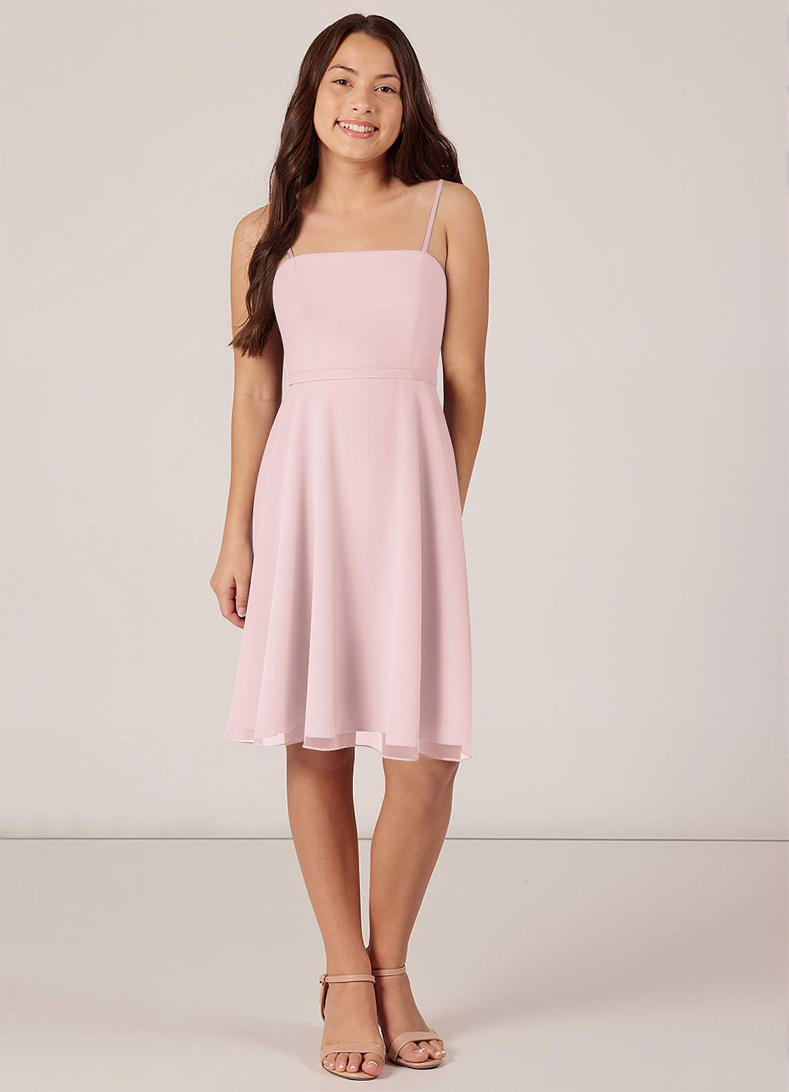 Azazie Kalie Junior Blushing Pink A-Line with Belt Chiffon Dress image1
