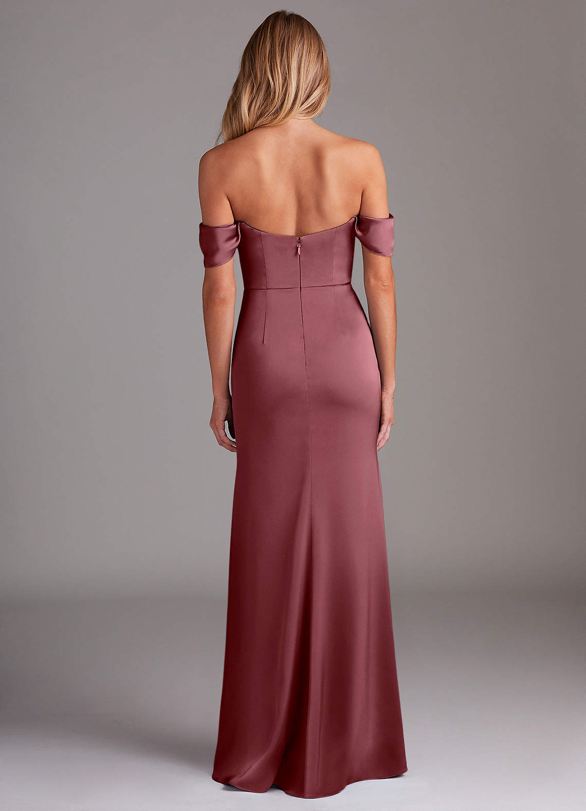 Azazie Saige Bridesmaid Dresses Desert Rose Sheath Off the Shoulder Stretch Satin Dress image9