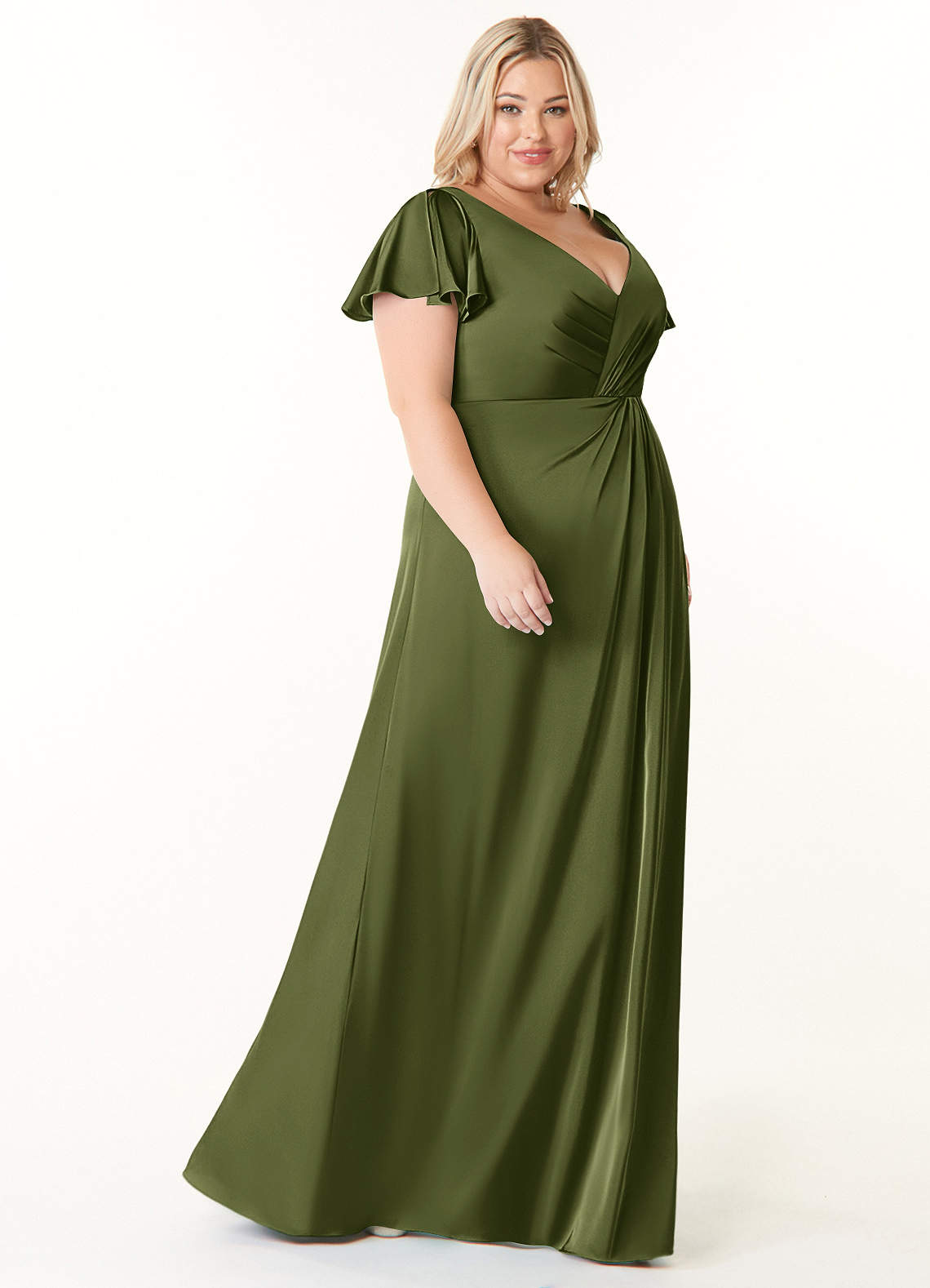 Azazie Soren Robes de demoiselle d'honneur Robe Trapèze en Satin extensible Plissée Olive image9