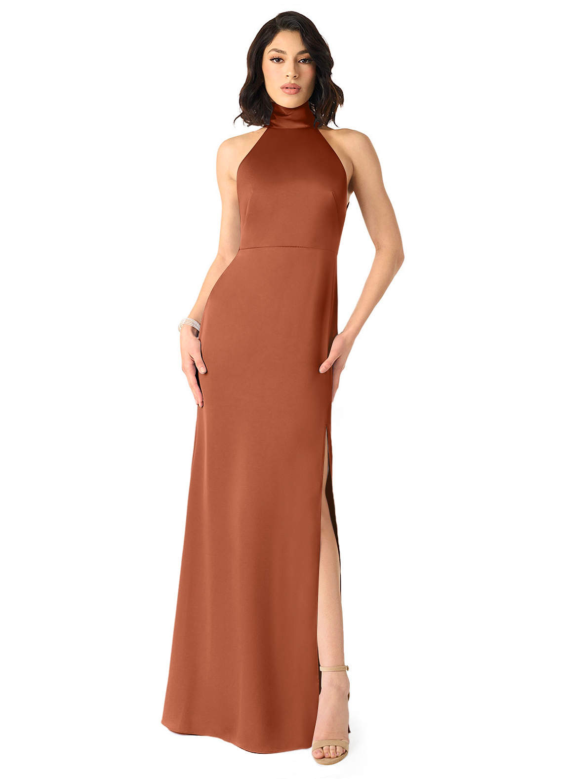 Azazie x Delaney Brautjungfernkleider Etui Hoher Kragen Stretch-Satin Kleid Zedernrose image1