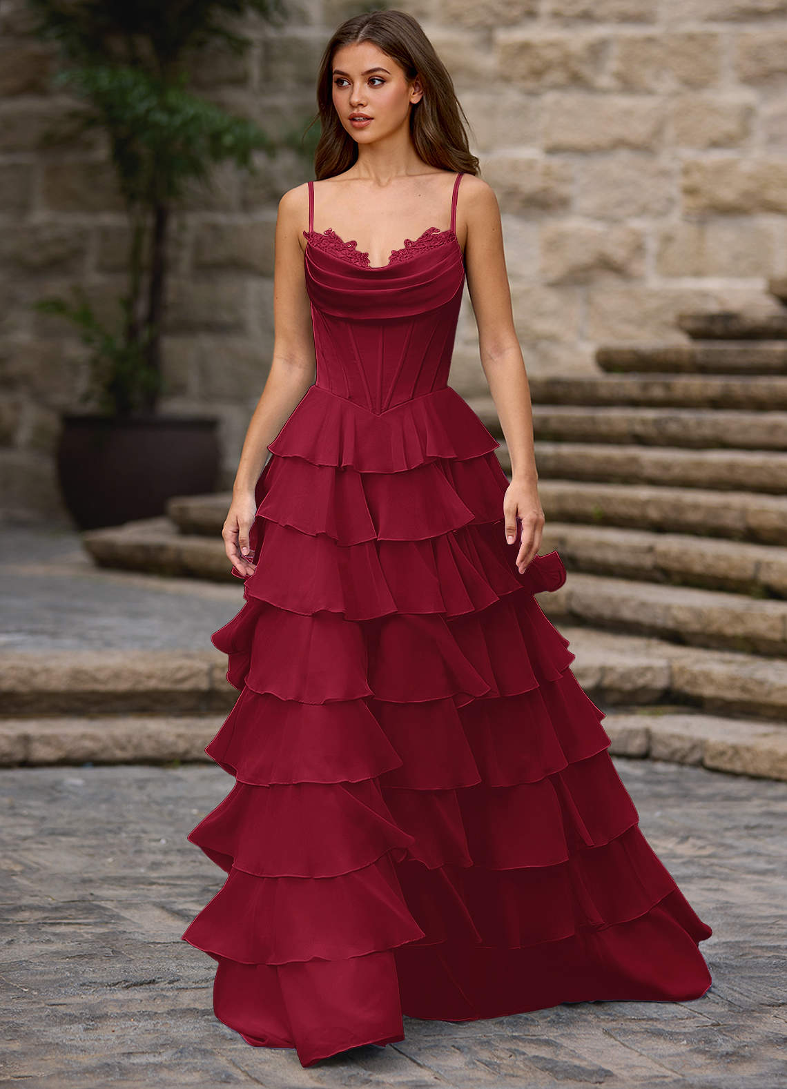 Floralace Merlot Ruffled A-line Prom Dress image1
