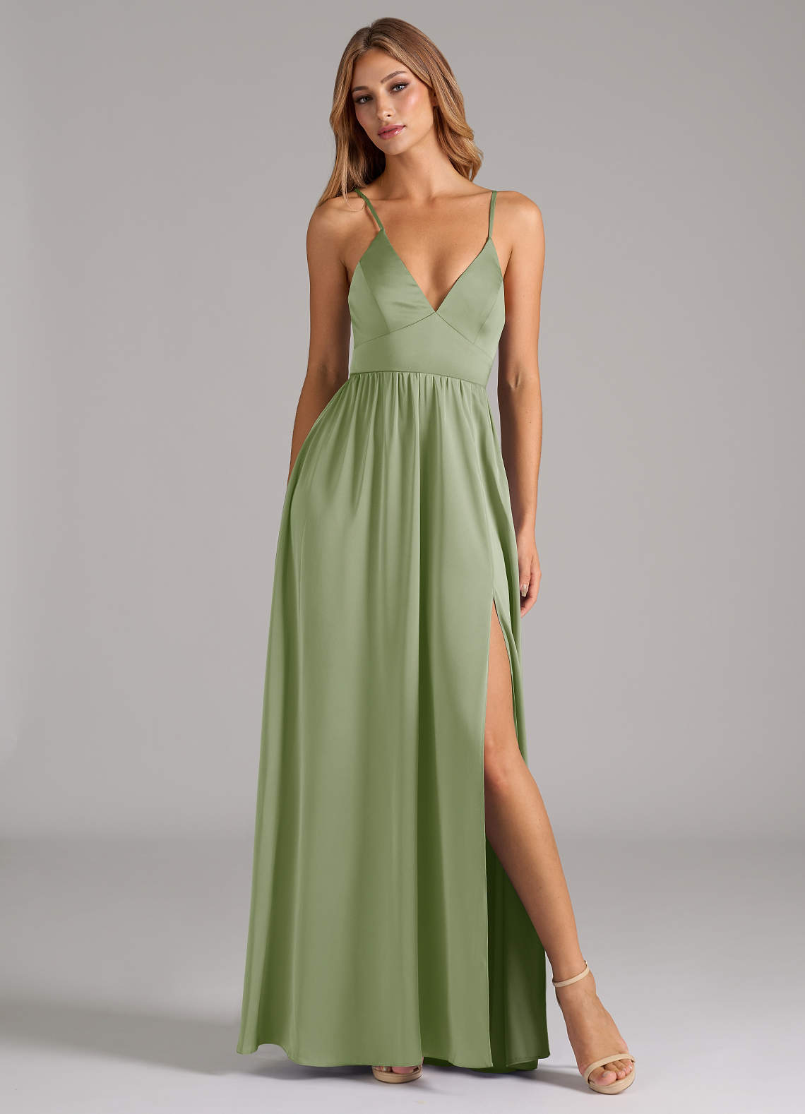 Azazie Aaida Robes de demoiselle d'honneur Robe Trapèze en Satin extensible Corset Vert Sauge image4