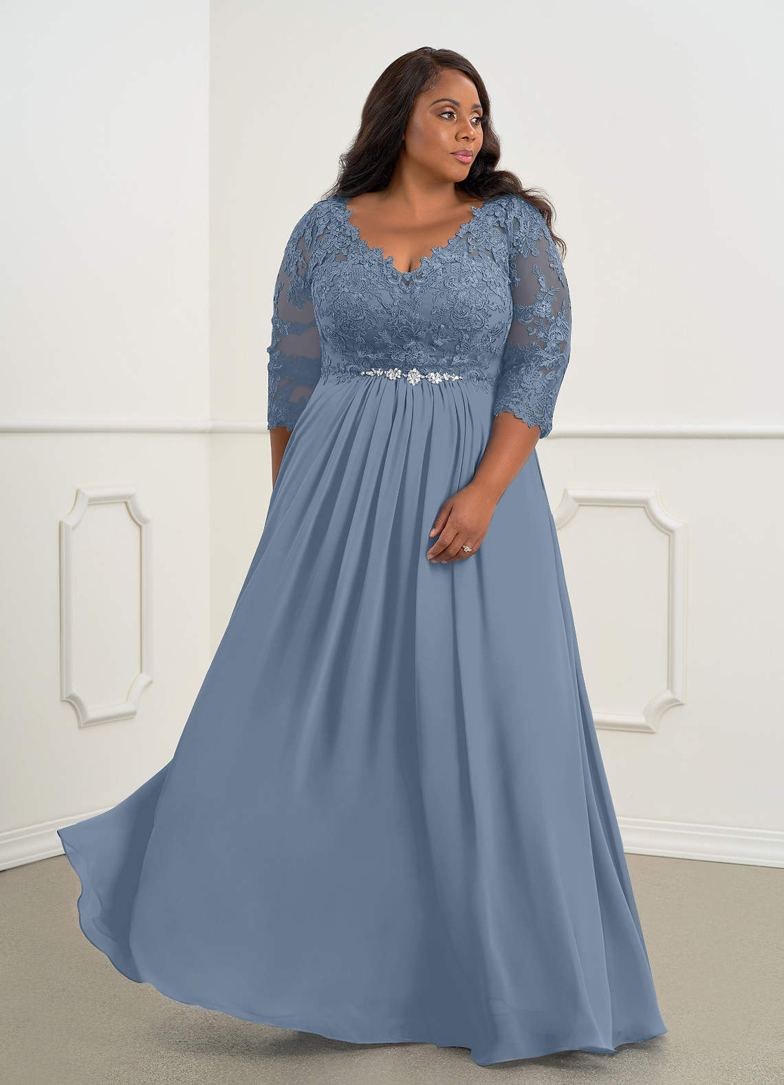 Azazie Hayek Dusty Blue A-Line V-Neck Lace Chiffon Dress Azazie