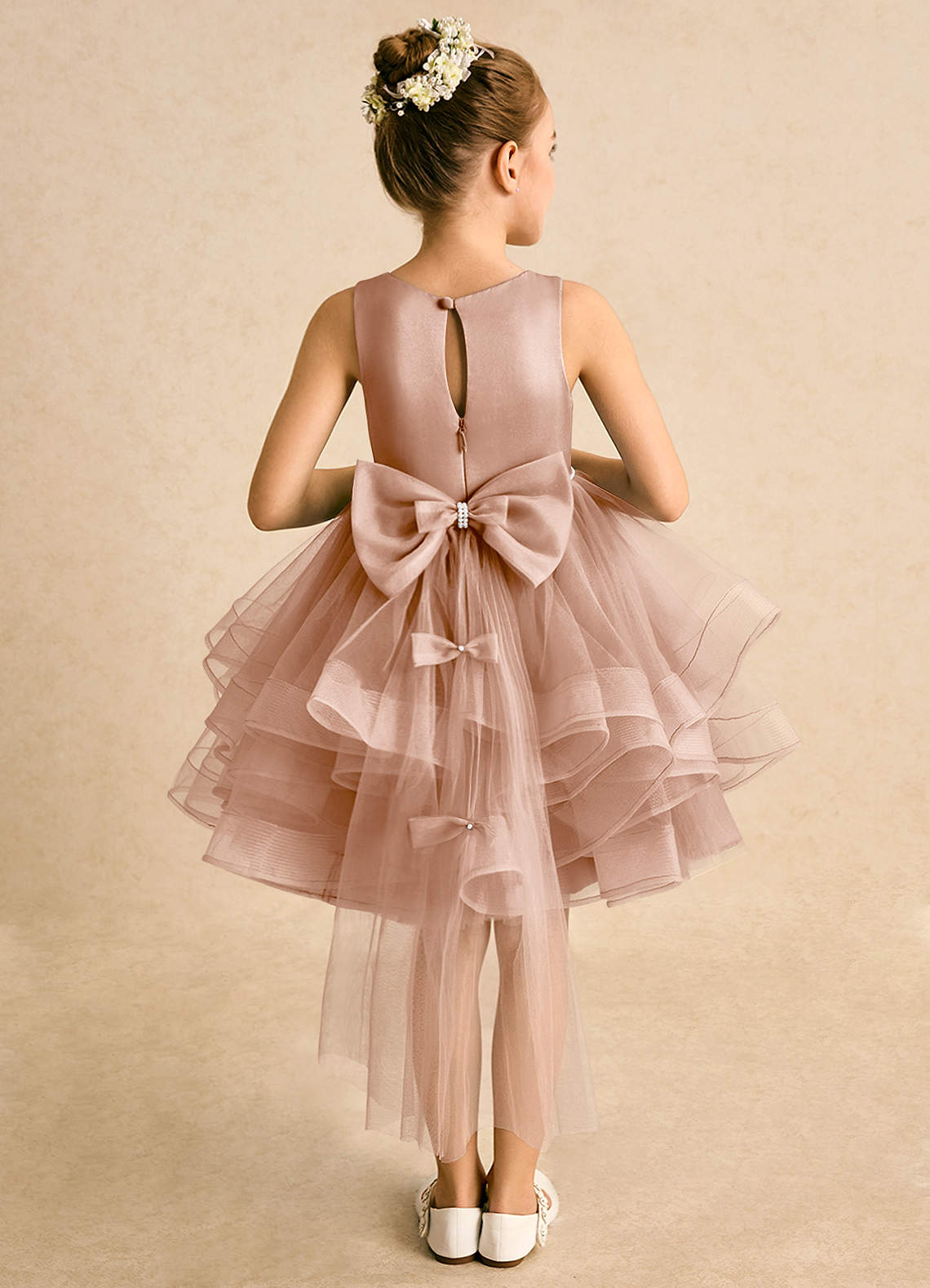 Azazie Tinie Blumenmädchenkleider Ballkleid Schleifen Tüll Kleid Champagner Rosa image1