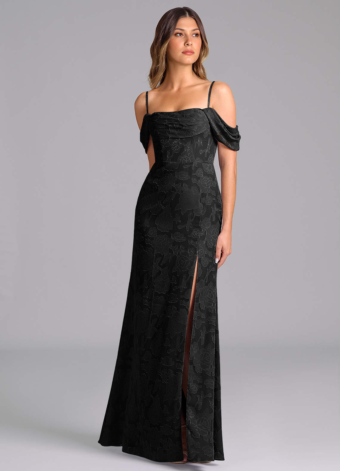 Azazie A-Line Off The Shoulder Floor-Length Floral Burnout Bridesmaid Dresses - Black