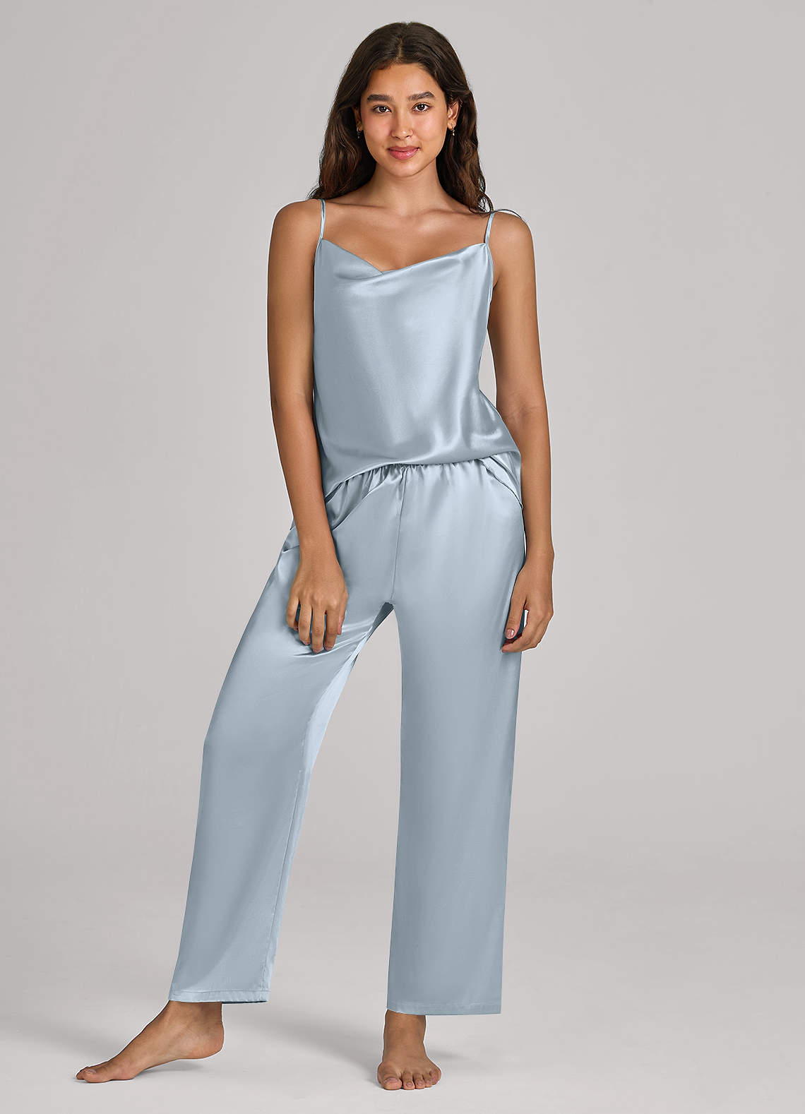 front Matching Color Satin Cami Pants Pajama Set