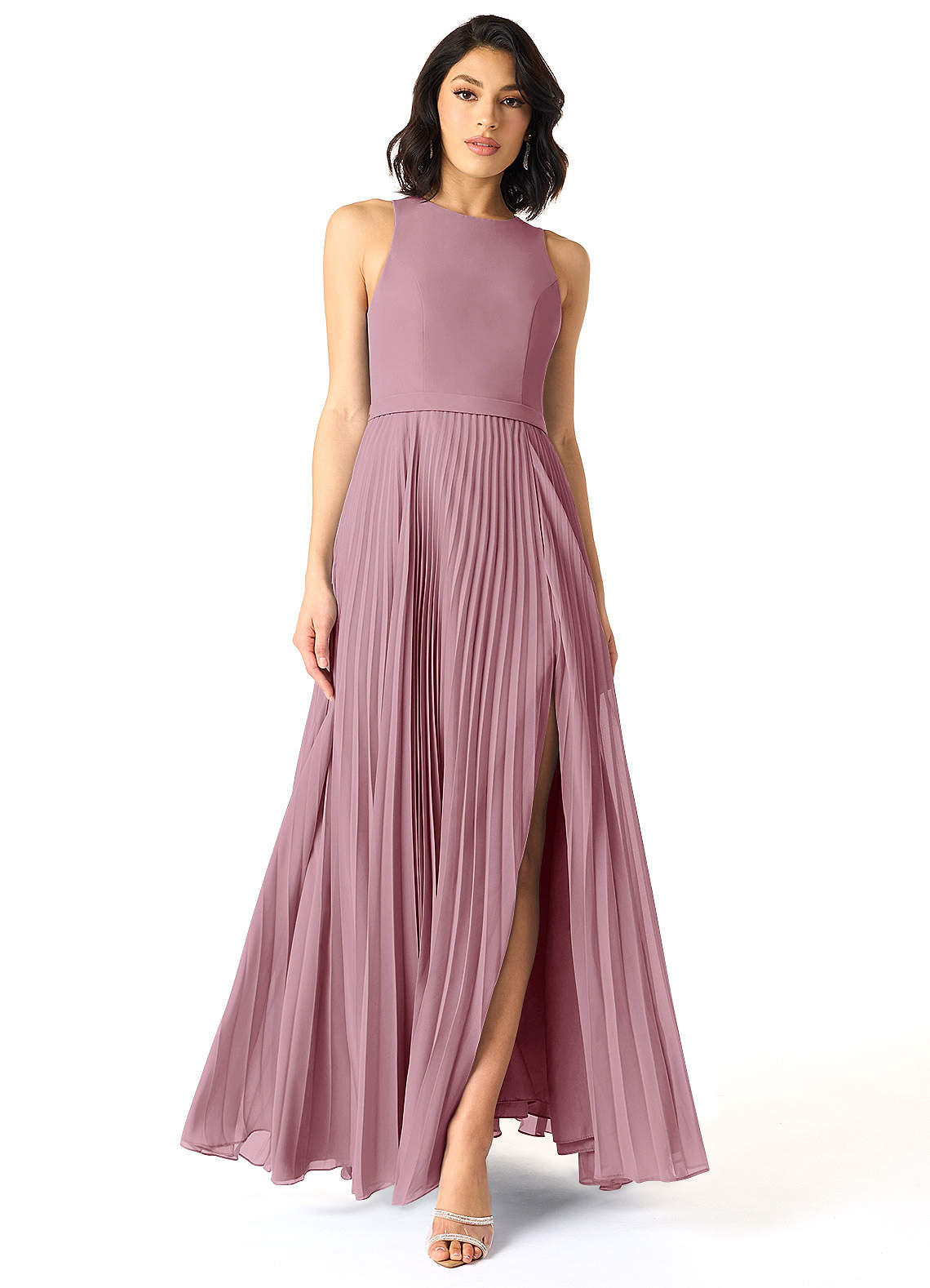 Azazie Lindie Jurken voor bruidsmeisjes Jurk van Chiffon met A-Lijn Bocht Gevouwen Vintage Mauve image1