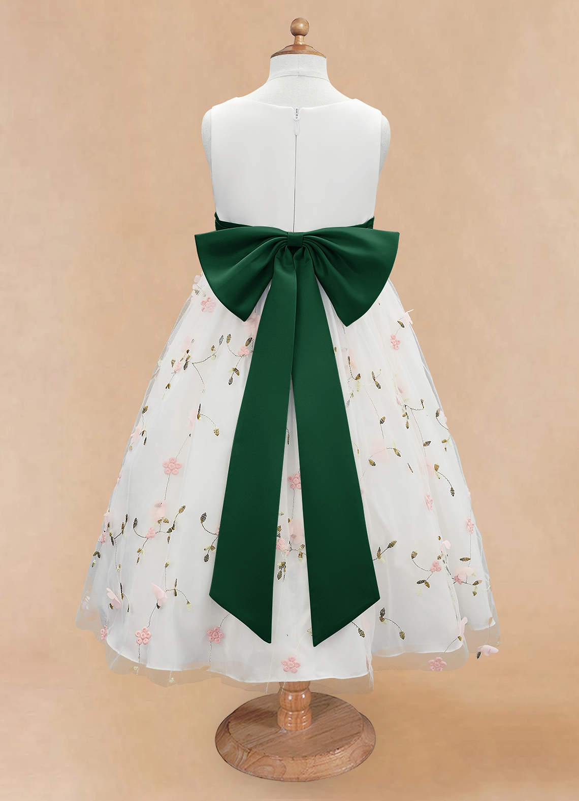 Azazie Pollie Flower Girl Dresses Blushing Pink Dark Green A-Line Bow Tulle Dress image12