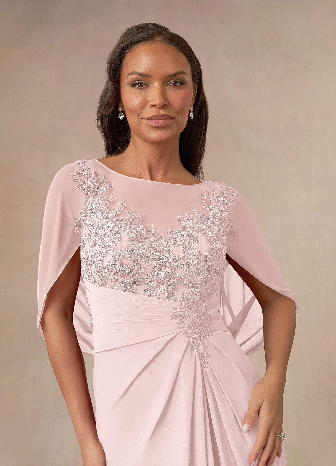 Azazie Hera Mother of the Bride Dresses Blushing Pink A-Line Lace Capelet Chiffon Dress image4