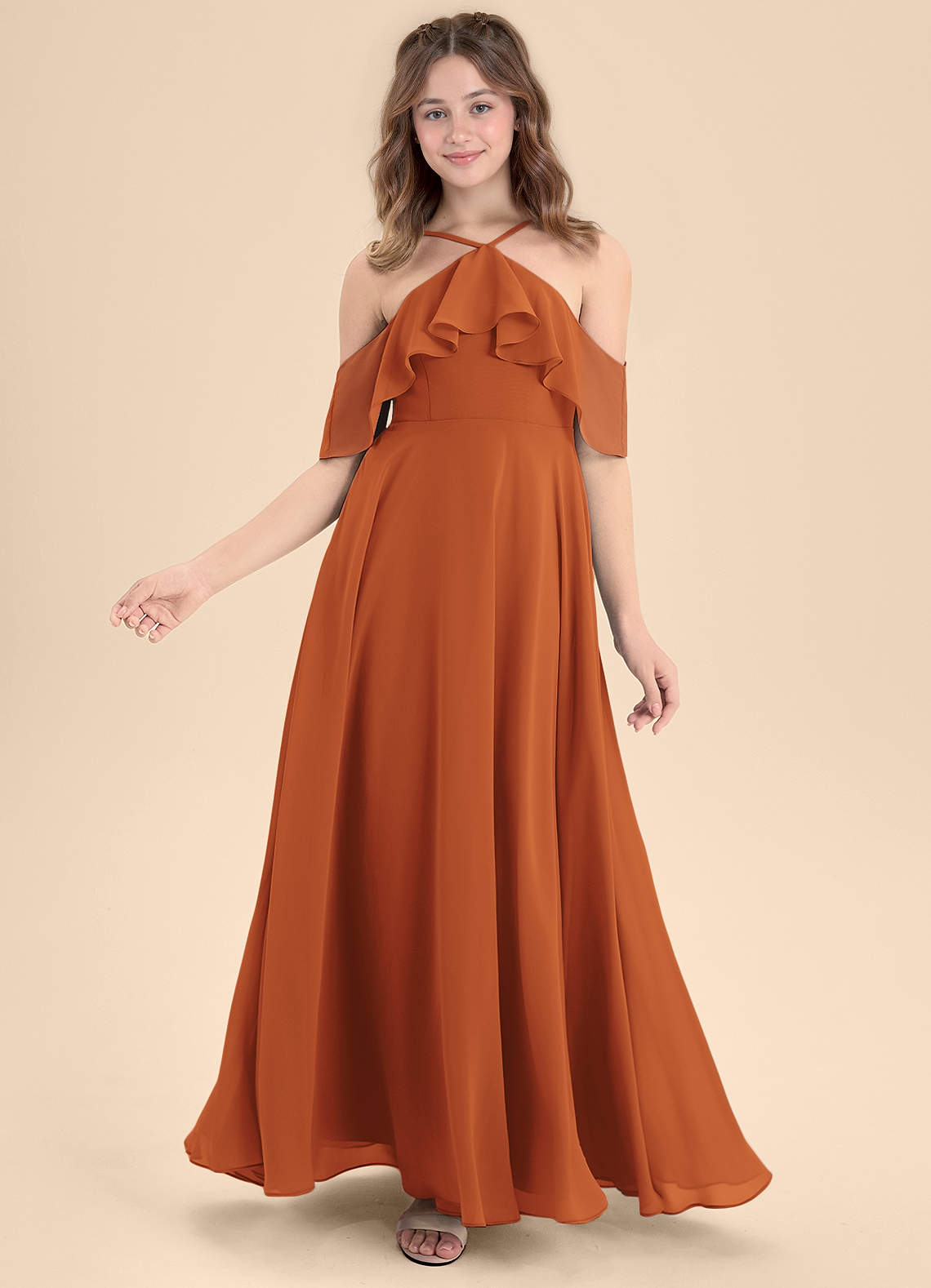 Azazie A-Line/Princess Off The Shoulder Floor-Length Chiffon Junior Bridesmaid Dresses - Cinnamon Azazie A-Line/Princess Off The Shoulder Floor-Length Chiffon Junior Bridesmaid Dresses - Cinnamon