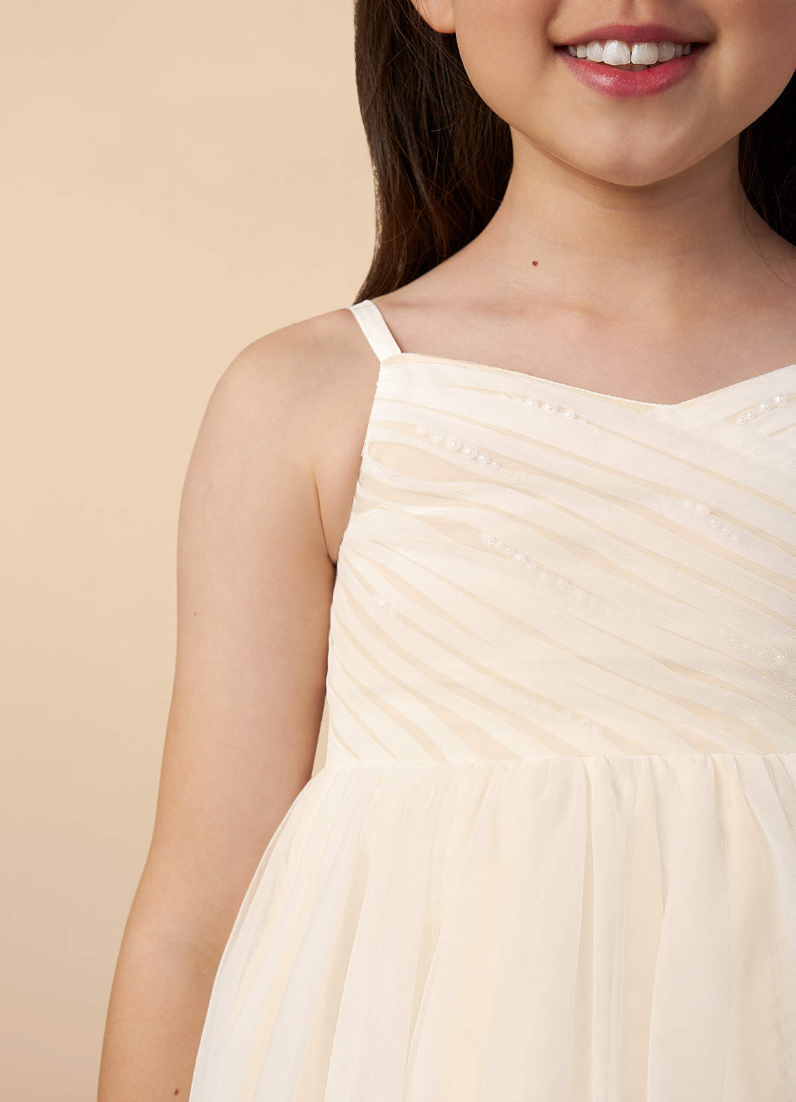 Azazie Amya Flower Girl Dresses Diamond White Champagne A-Line Pleated Tulle Dress image2