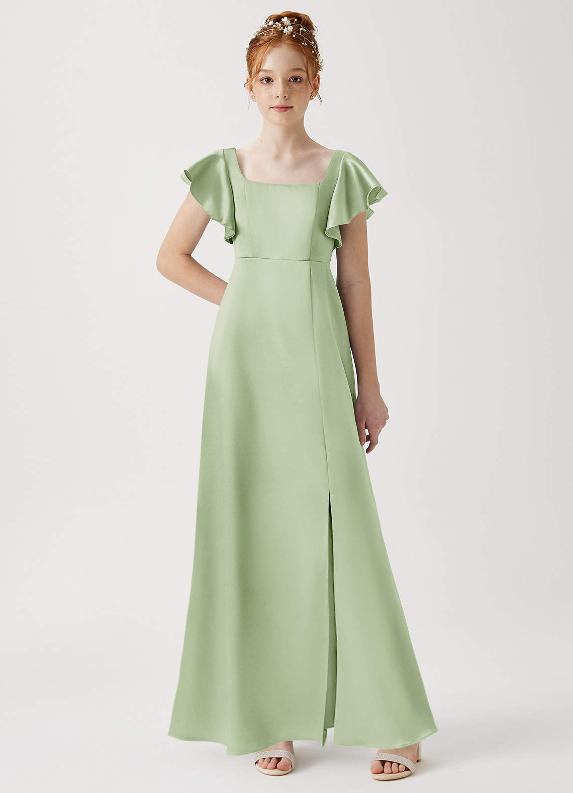 Azazie Bondi Junior Vestido de Salvia Polvorienta de Satén Metálico de Corte En A con Corte Lateral image1