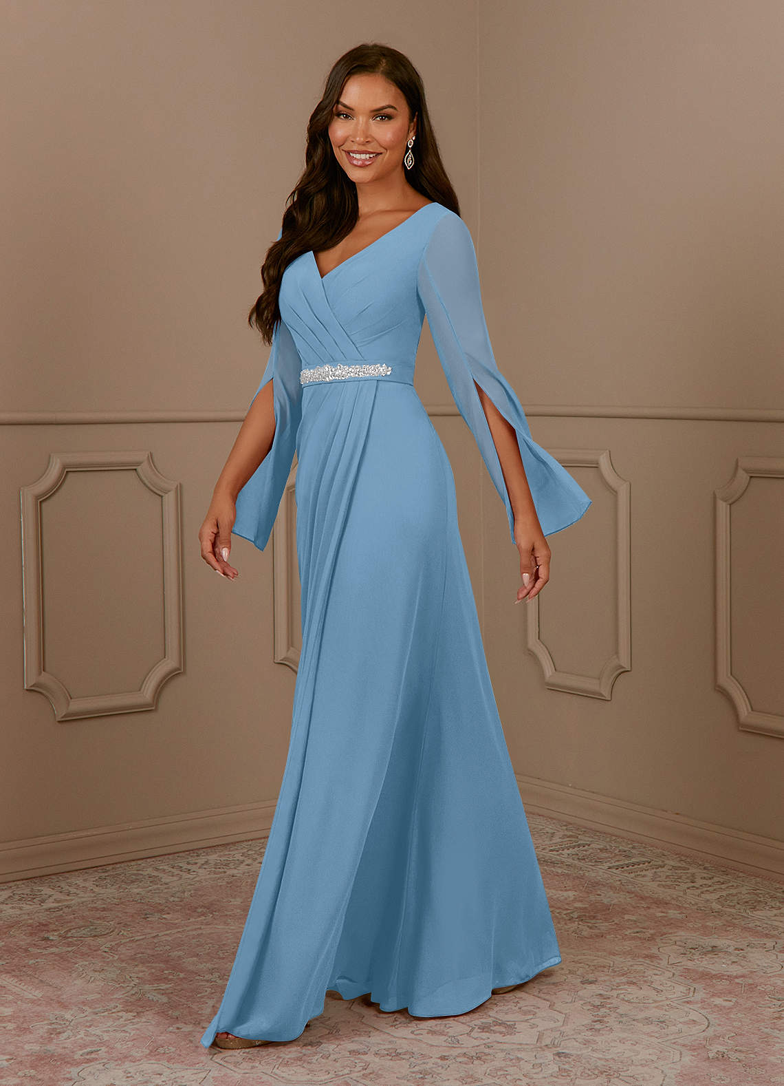 Azazie Belinda Steel Blue A-Line V-Neck Pleated Chiffon Dress | Azazie