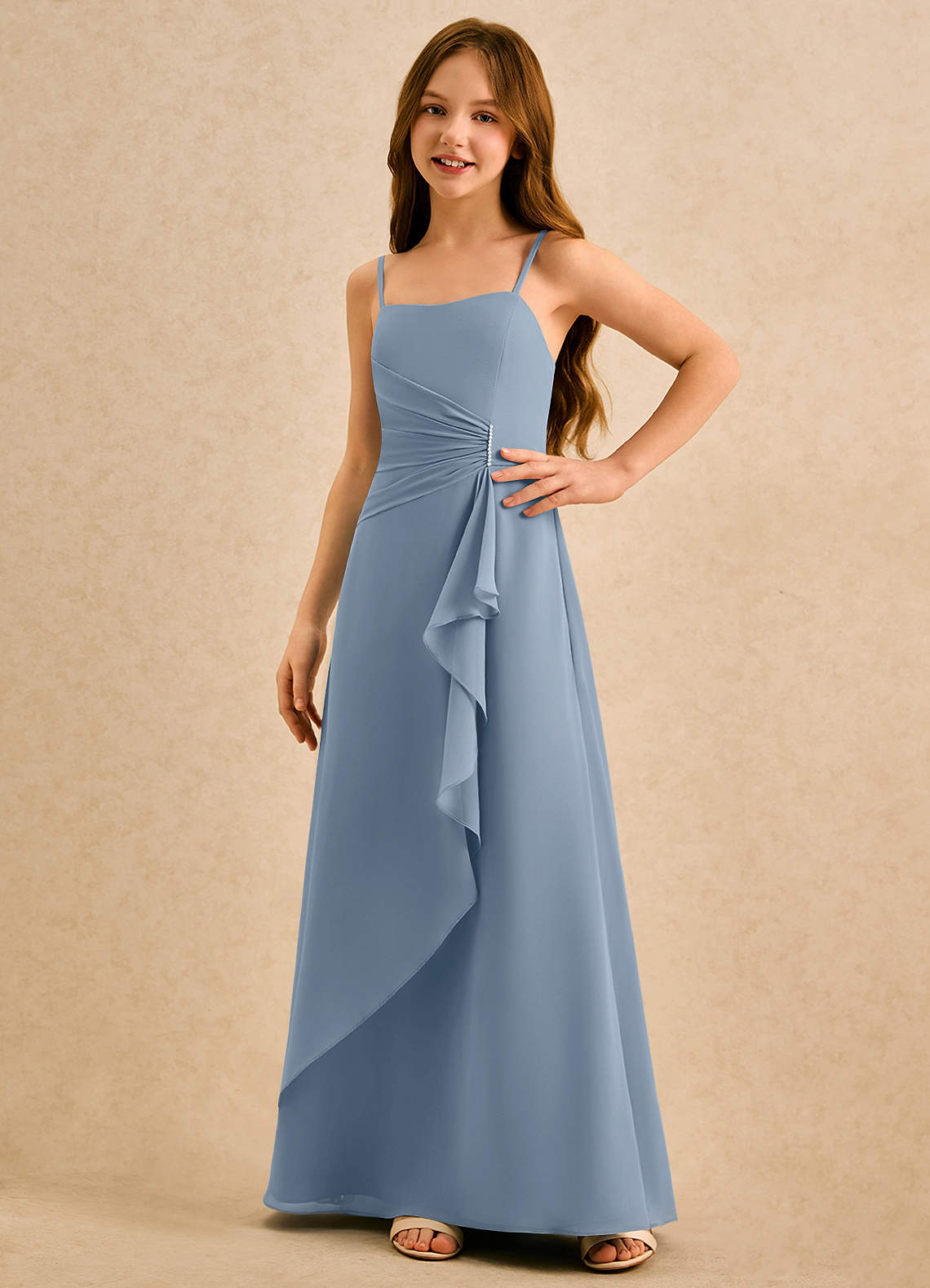 Azazie lolly Girls Formal Robe Demoiselle D'honneur Fillette Robe Trapèze en Mousseline de soie Plissée Bleu Poussiéreux image4