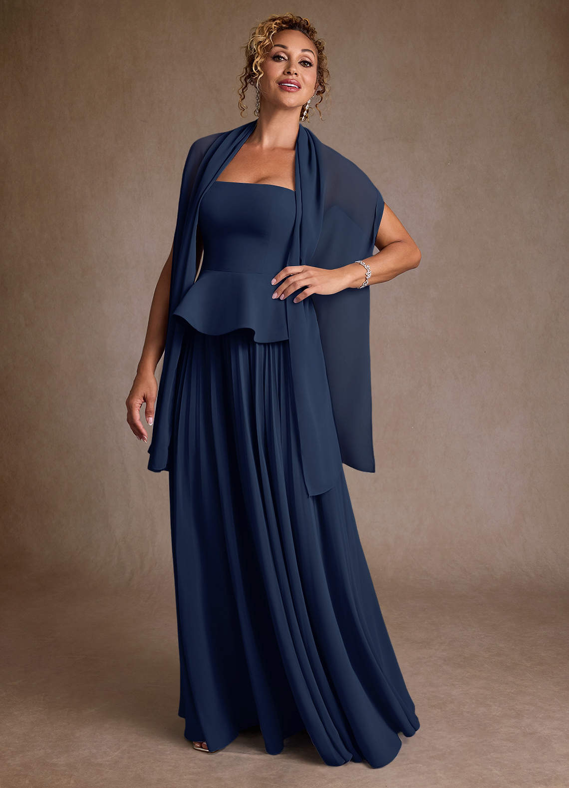 Azazie Josabeth Dark Navy A-Line Pleated Chiffon Dress Ready to