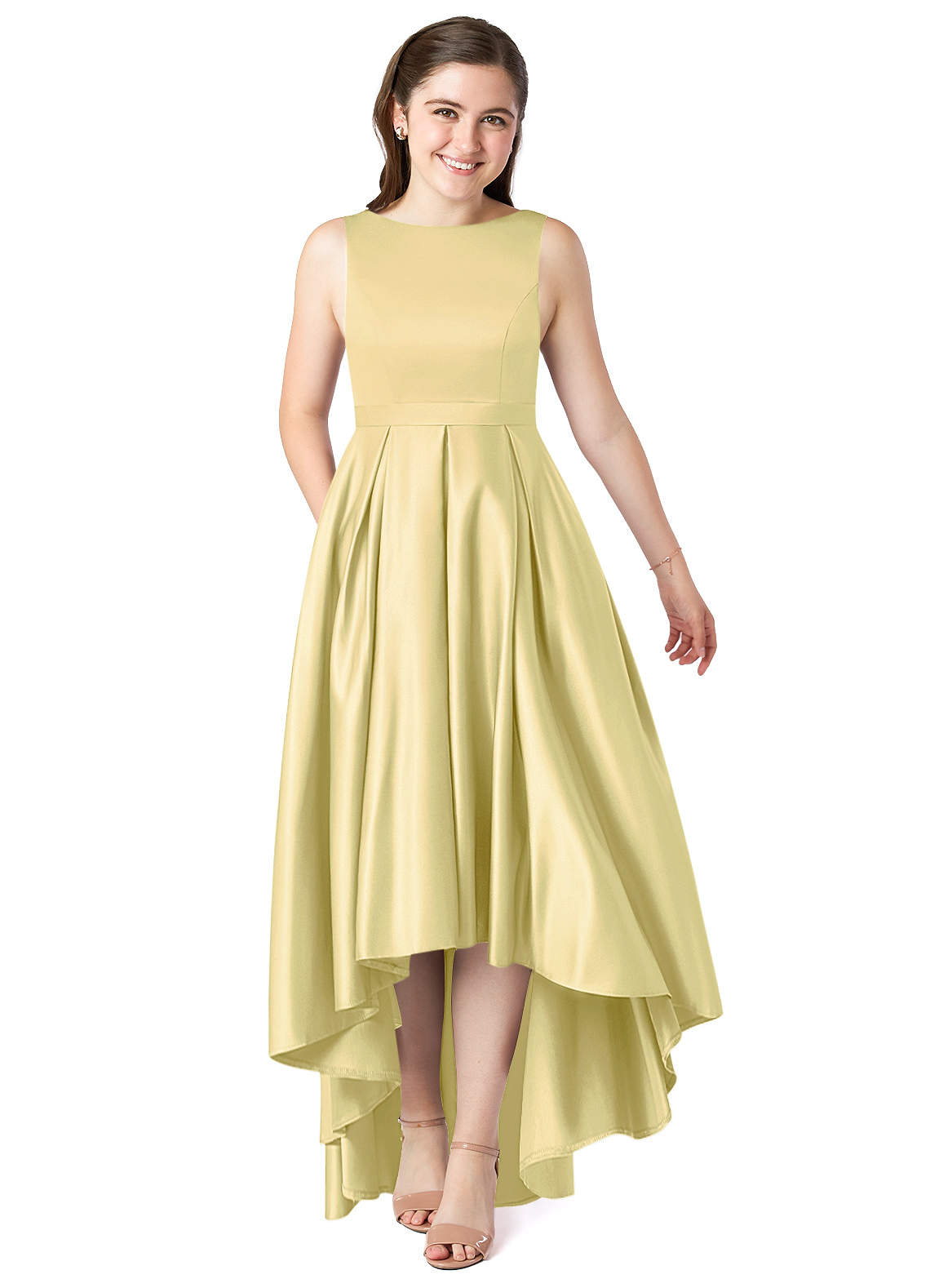 Azazie Inaya Junior Lemon Sorbet A-Line with Belt Stretch Satin Dress image1