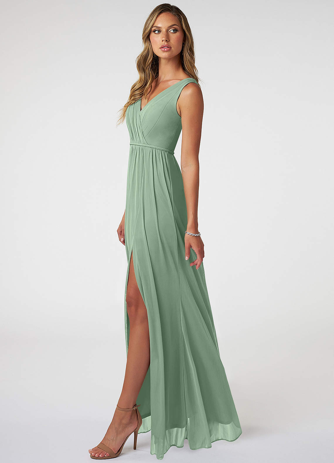 Azazie Tanicia Bridesmaid Dresses Matcha A-Line V-Neck Pleated Mesh Dress image2