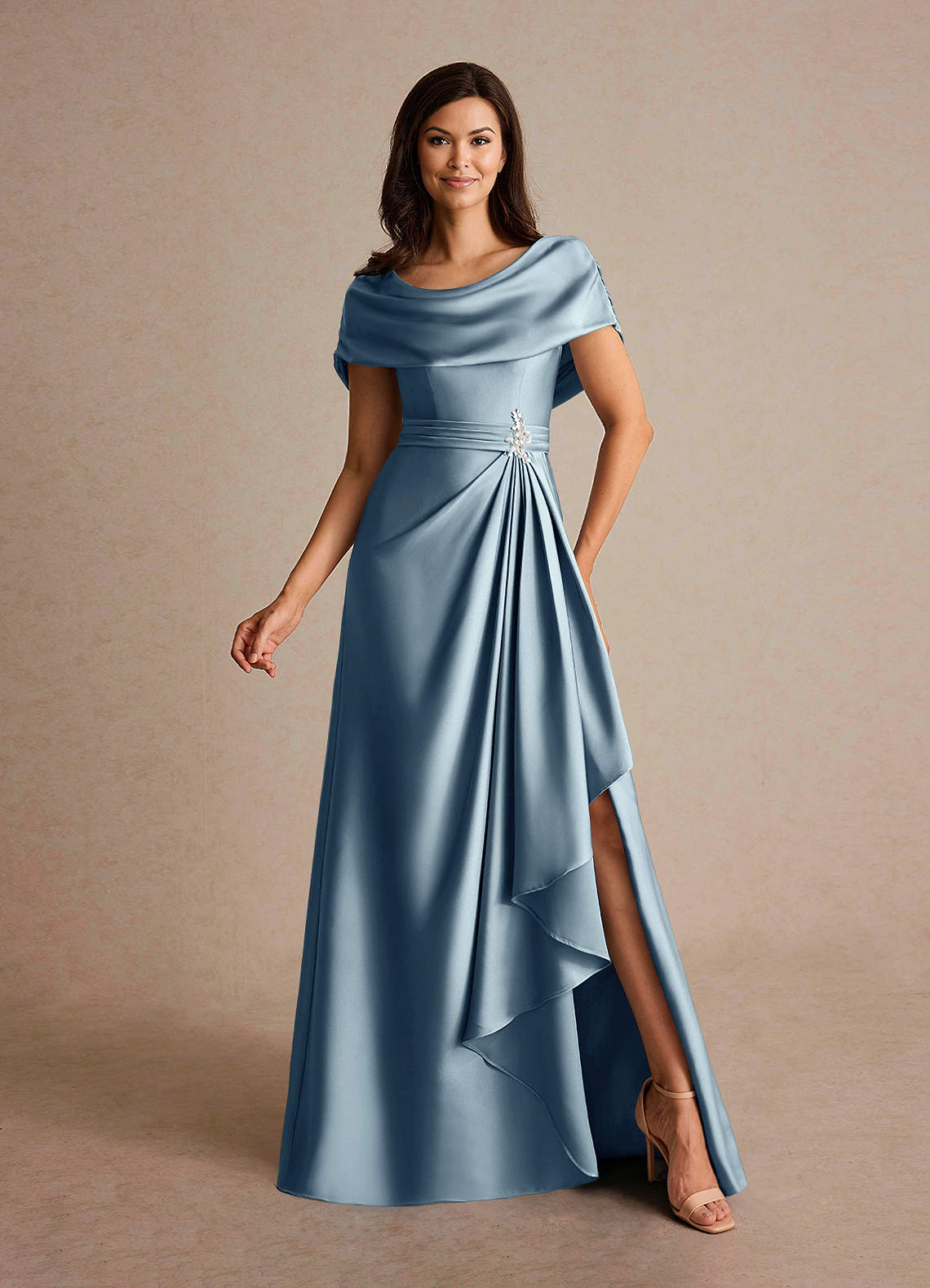 Azazie Branford Mother of the Bride Dresses Dusty Blue A-Line Pleated Stretch Satin Dress image1