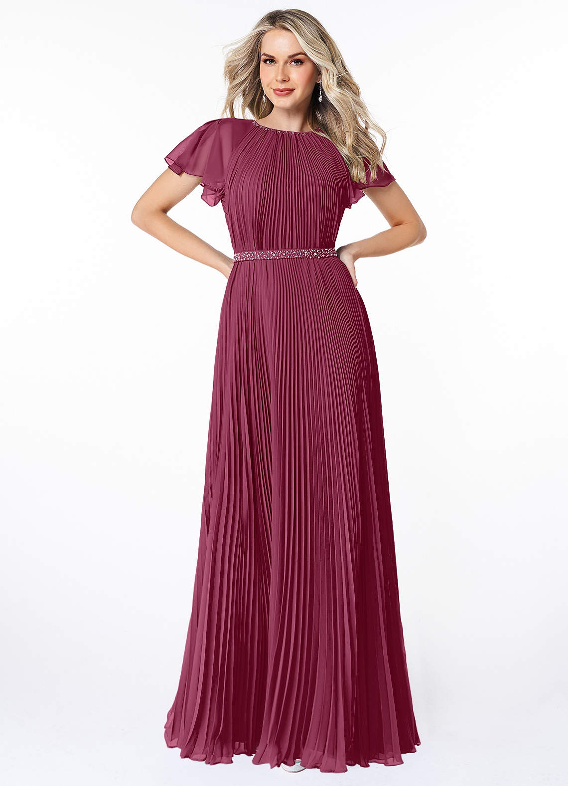 Azazie Kara Modest Bridesmaid Dresses A-Line Pleated Chiffon Floor-Length Dress image1
